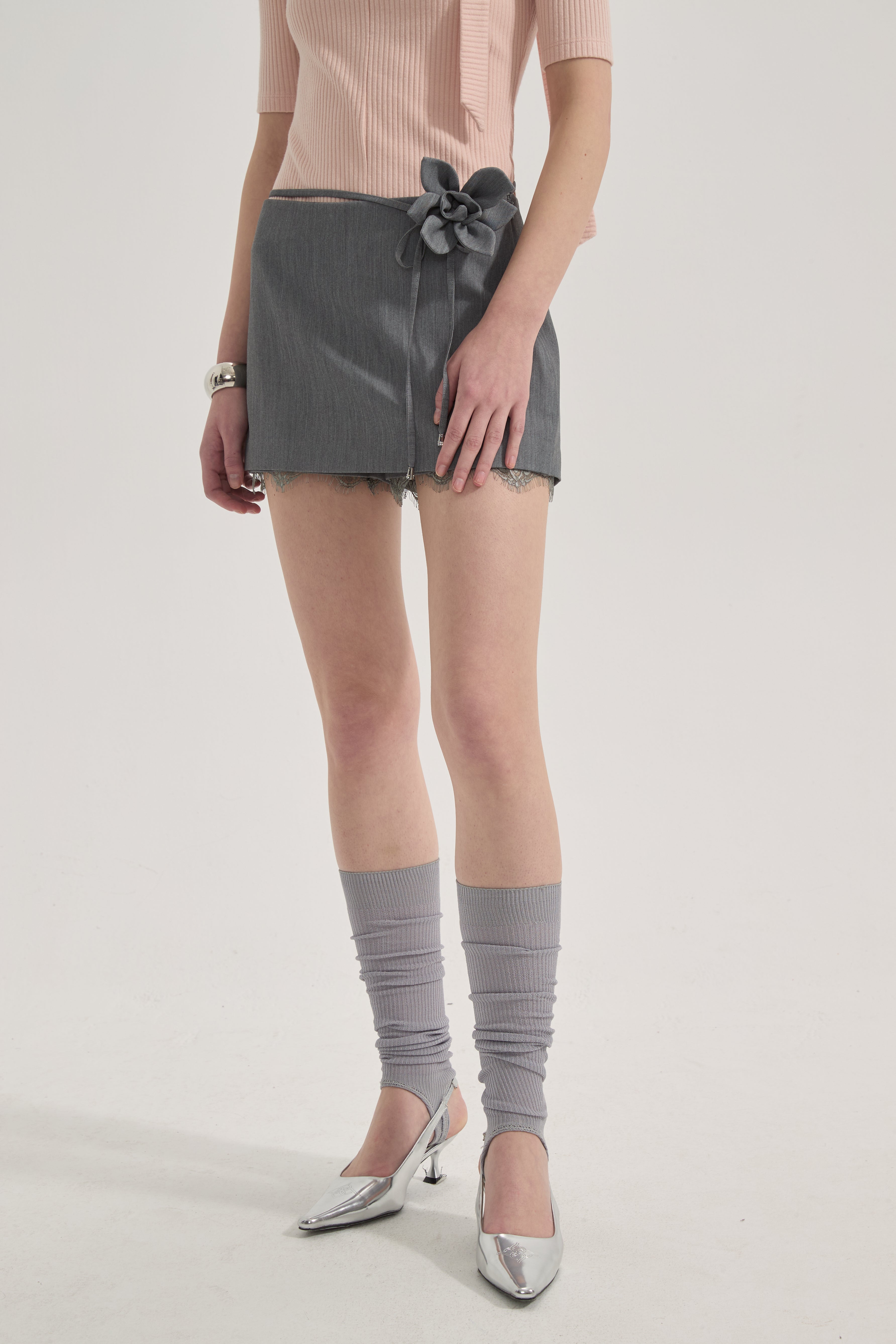 Grey A-line Lace Short Skirt