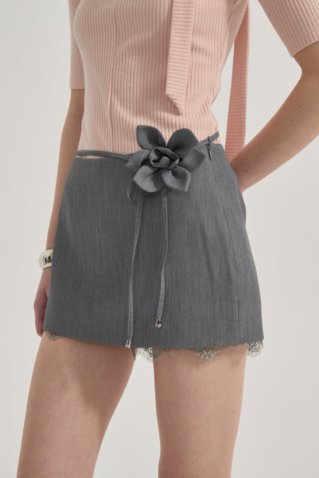 Grey A-line Lace Short Skirt