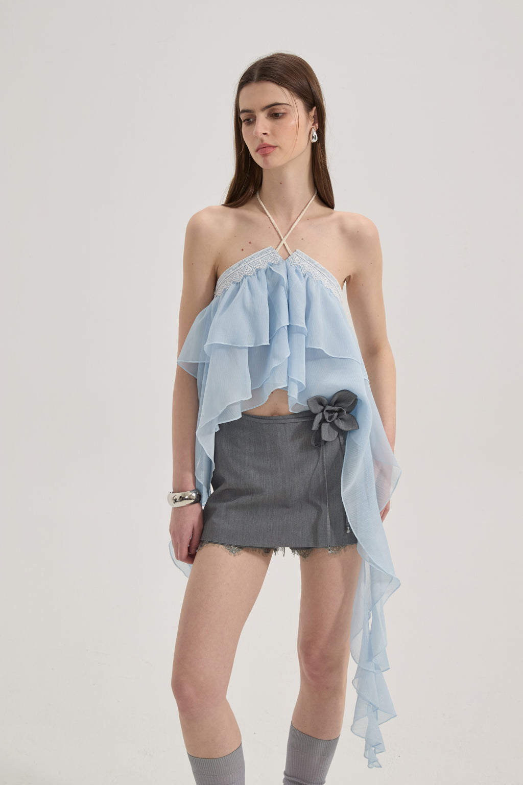 Grey A-line Lace Short Skirt
