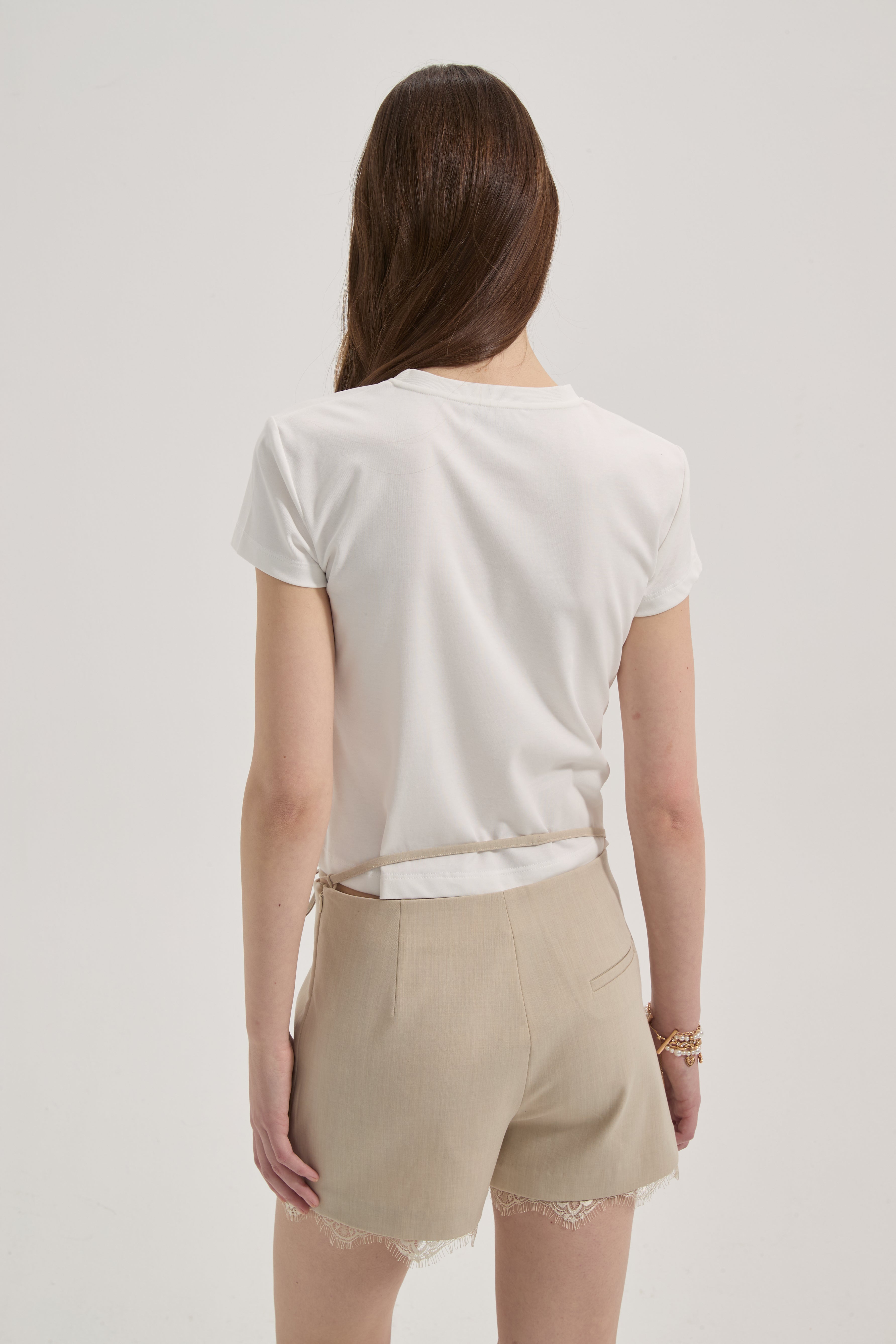 Beige A-line Lace Floral Short Skirt
