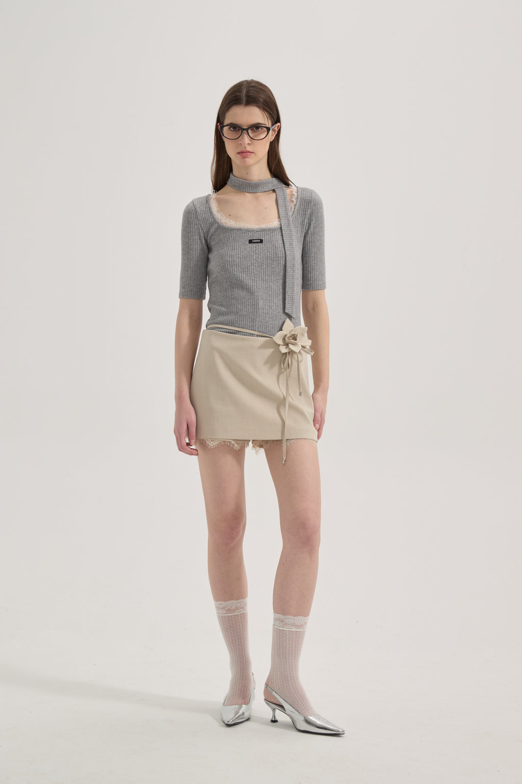 Beige A-line Lace Floral Short Skirt