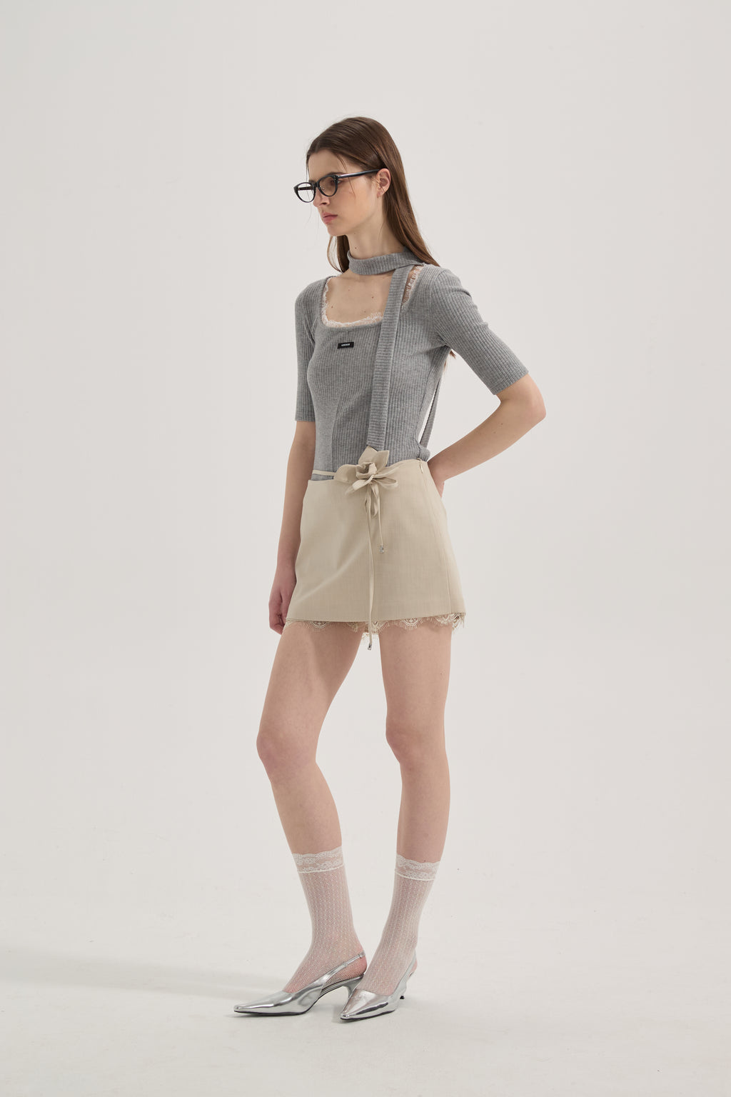 Beige A-line Lace Floral Short Skirt