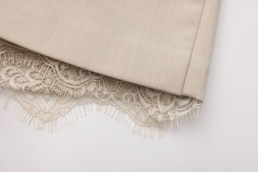 Beige A-line Lace Floral Short Skirt
