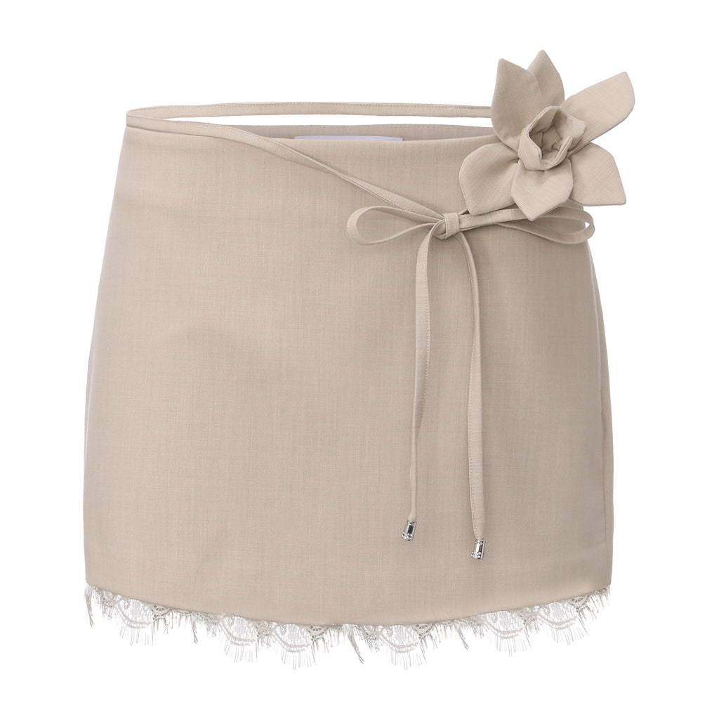 Beige A-line Lace Floral Short Skirt