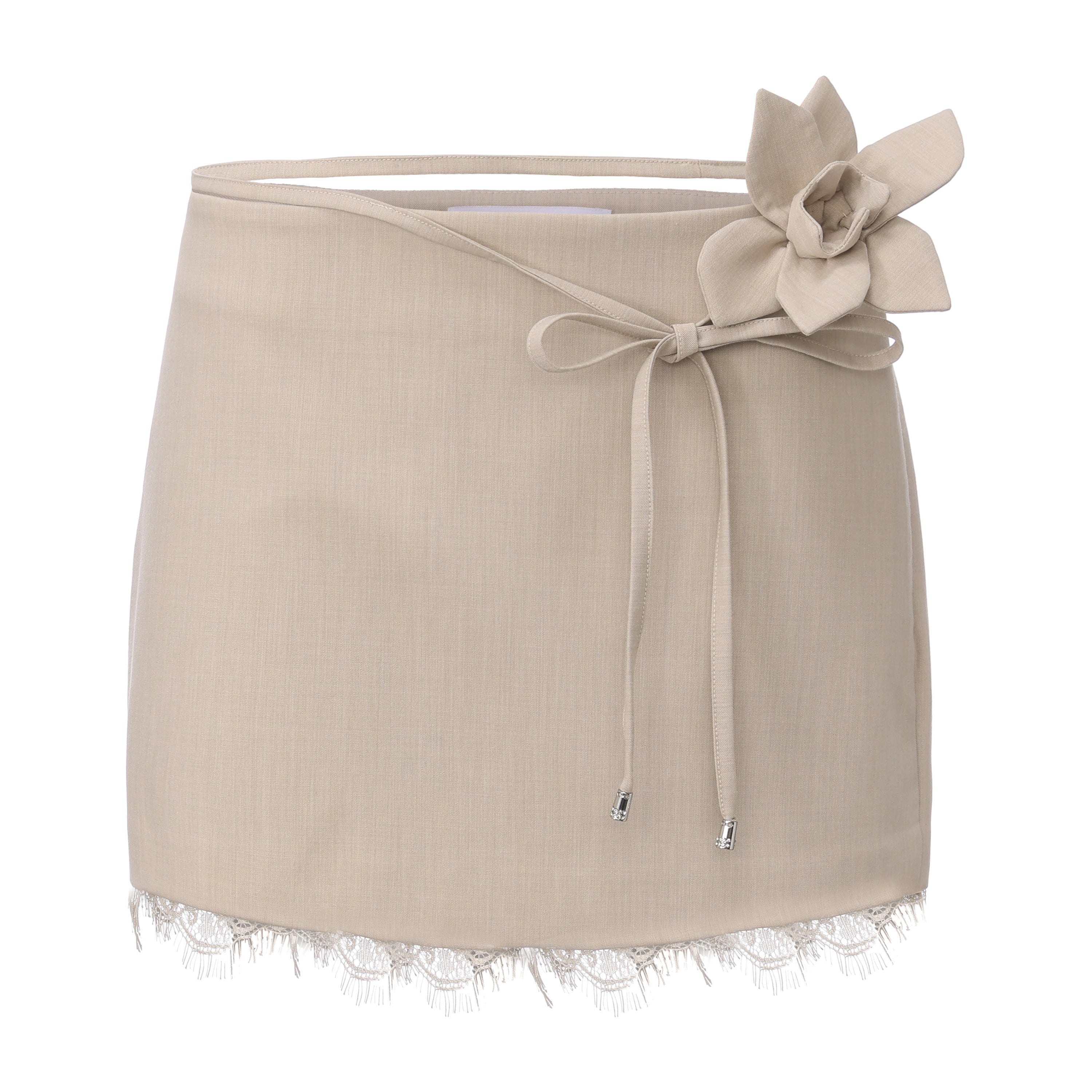 Beige A-line Lace Floral Short Skirt