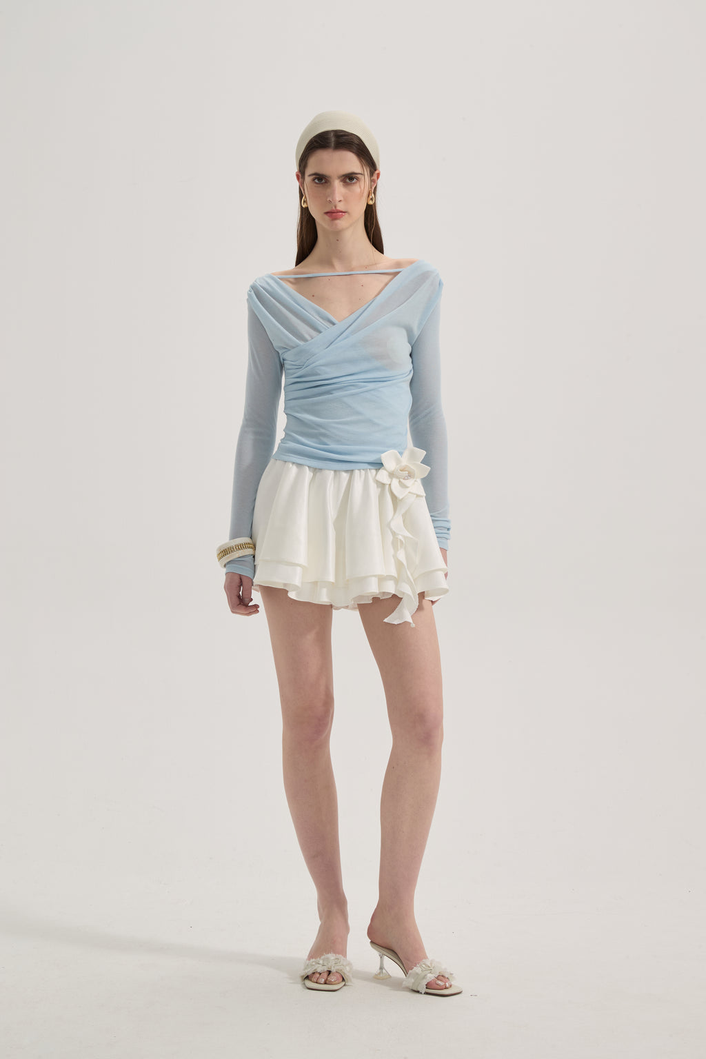 White Lace-up Floral Short Skirt
