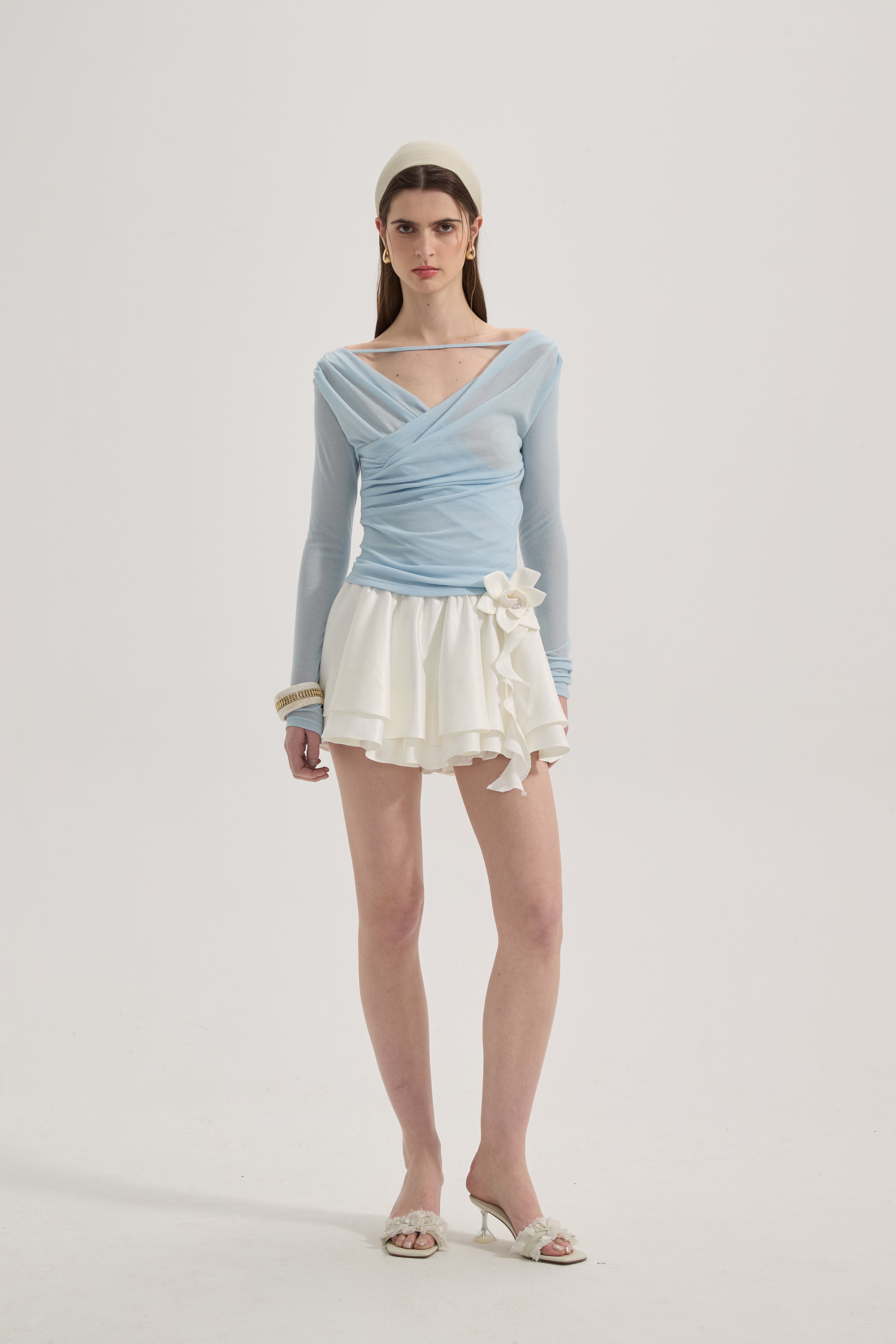 White Lace-up Floral Short Skirt