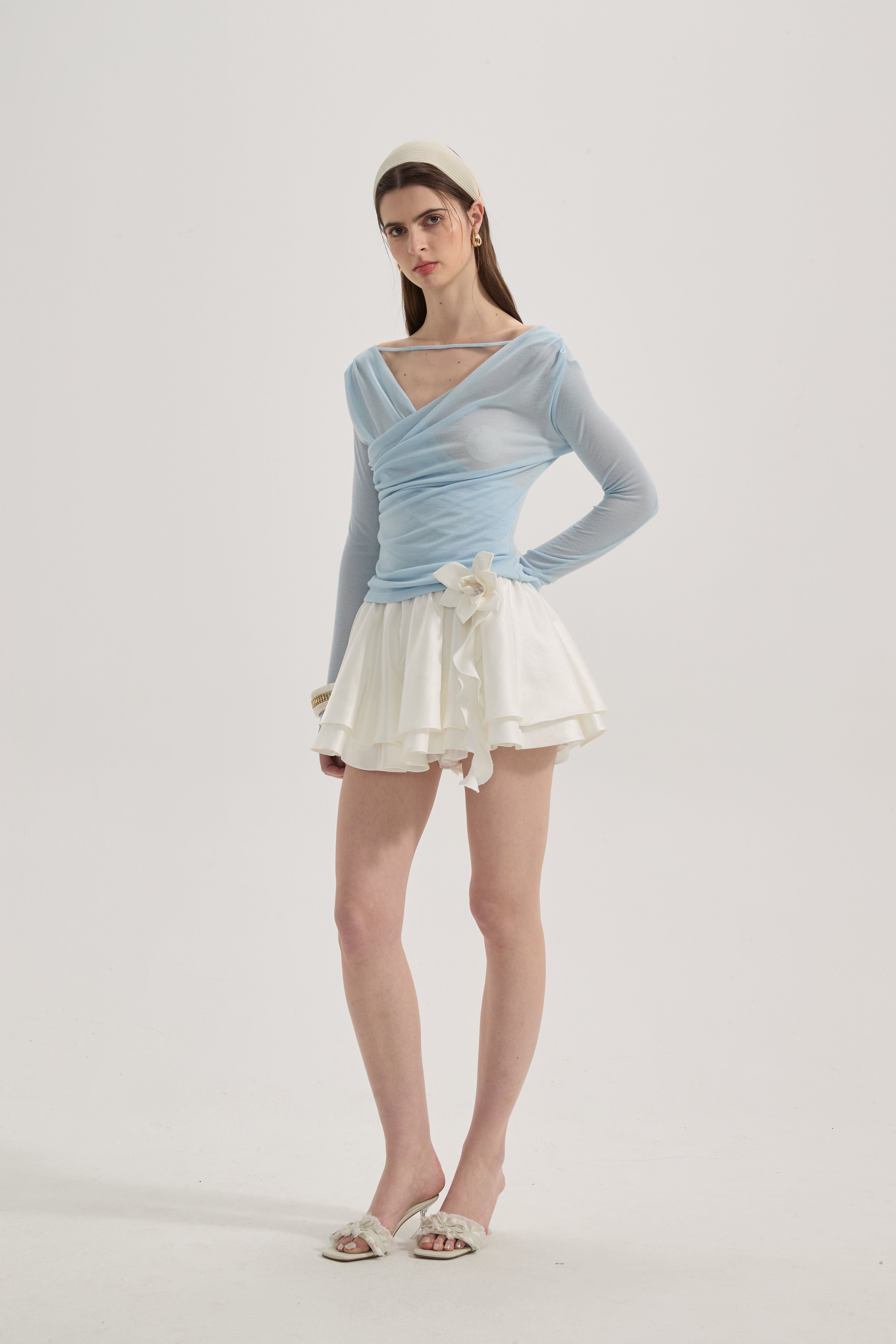 White Lace-up Floral Short Skirt