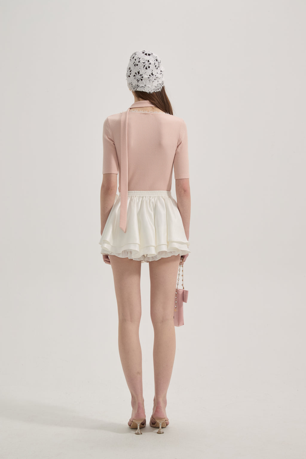 White Lace-up Floral Short Skirt