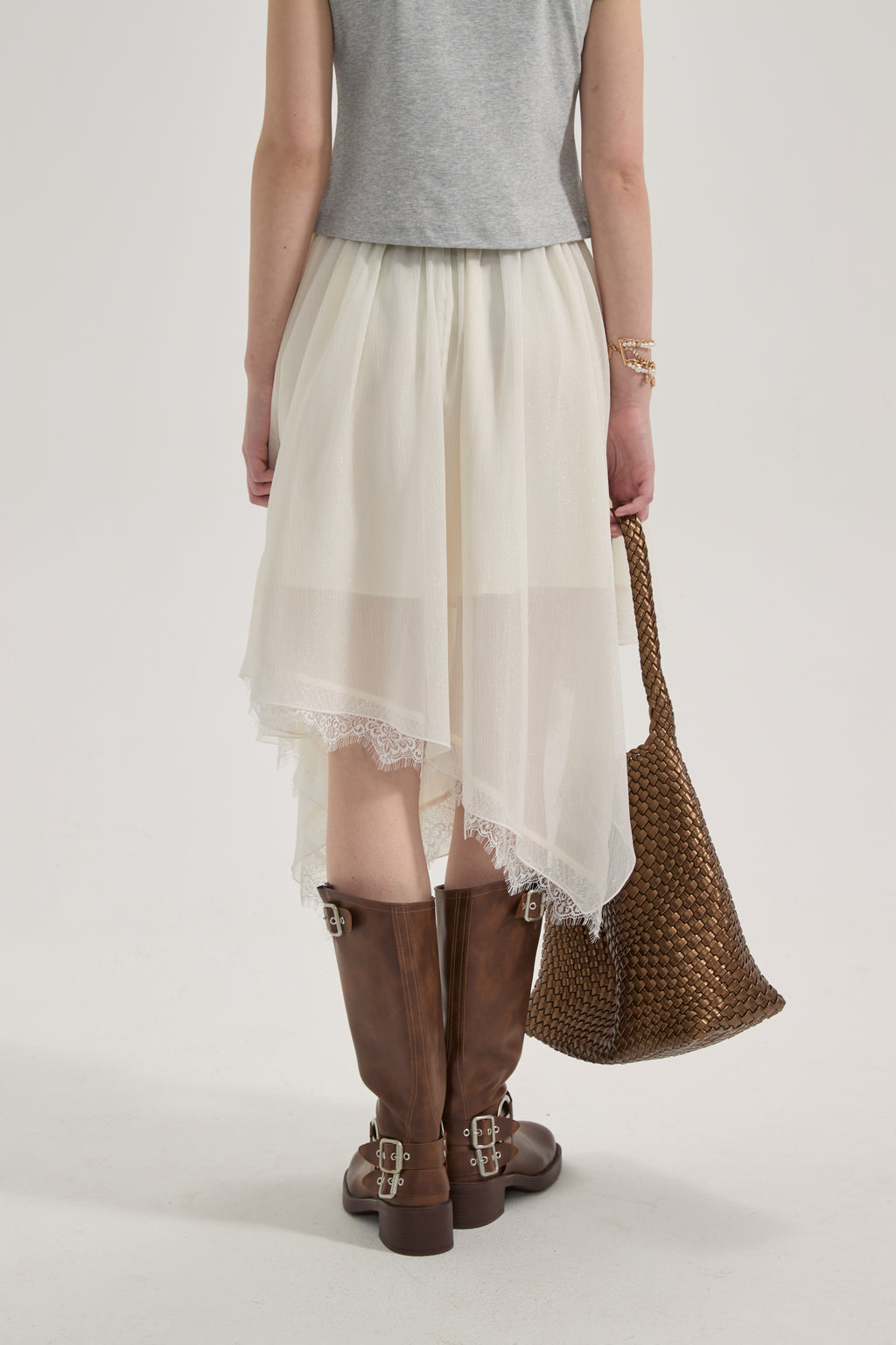 White Lace-up Beaded Mesh Long Skirt