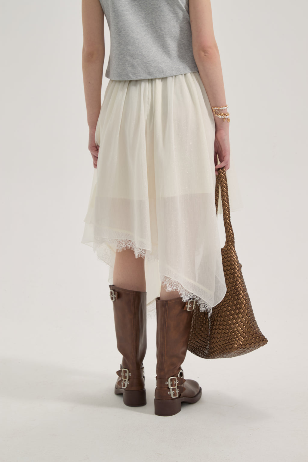 White Lace-up Beaded Mesh Long Skirt