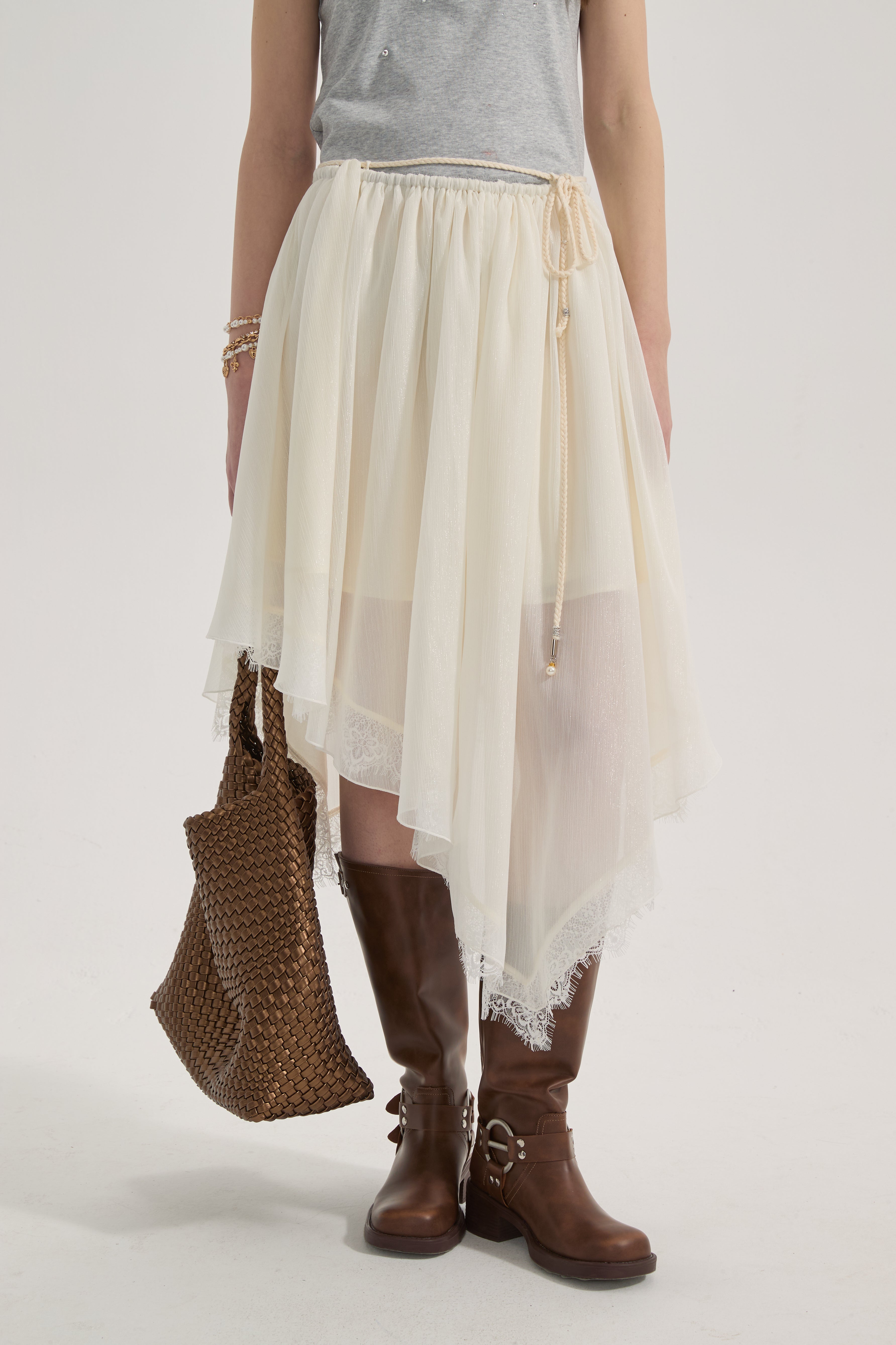 White Lace-up Beaded Mesh Long Skirt