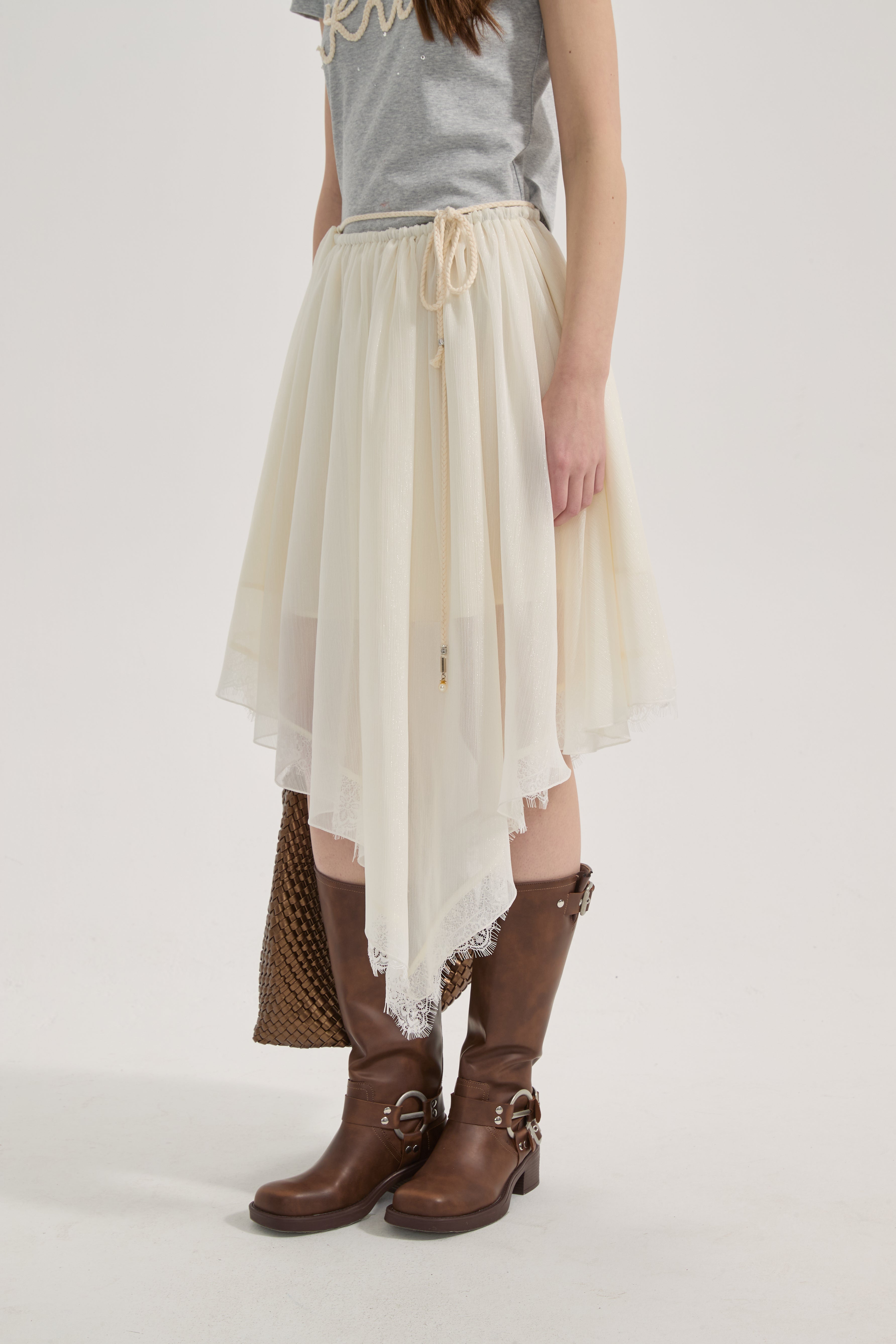 White Lace-up Beaded Mesh Long Skirt