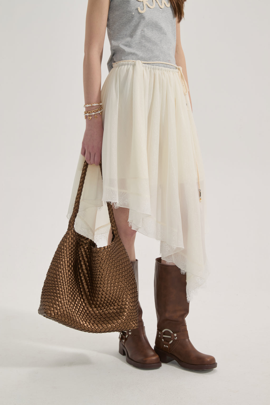 White Lace-up Beaded Mesh Long Skirt