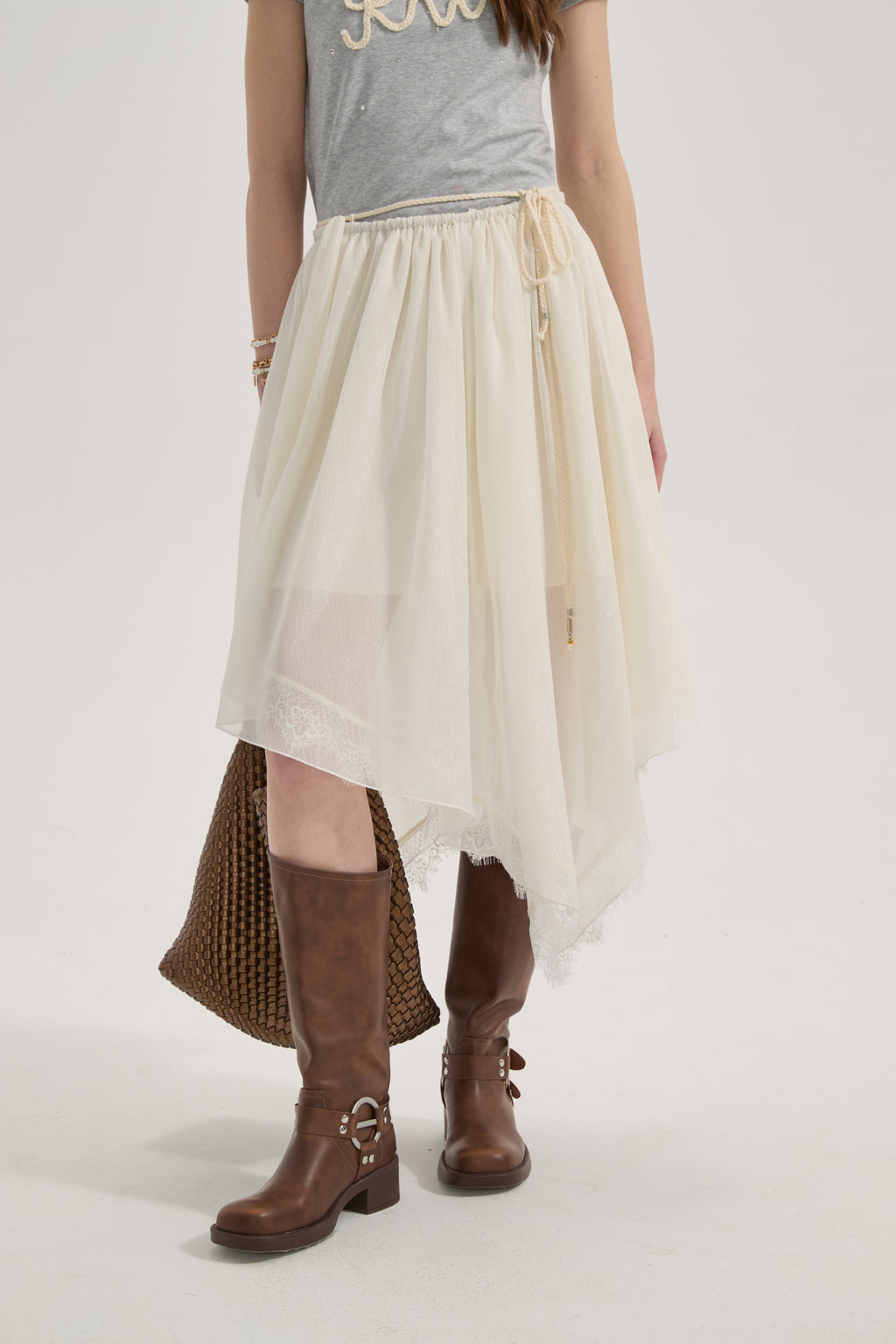 White Lace-up Beaded Mesh Long Skirt