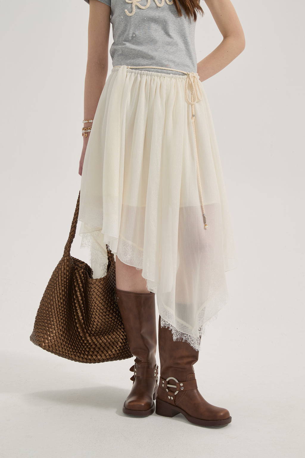 White Lace-up Beaded Mesh Long Skirt