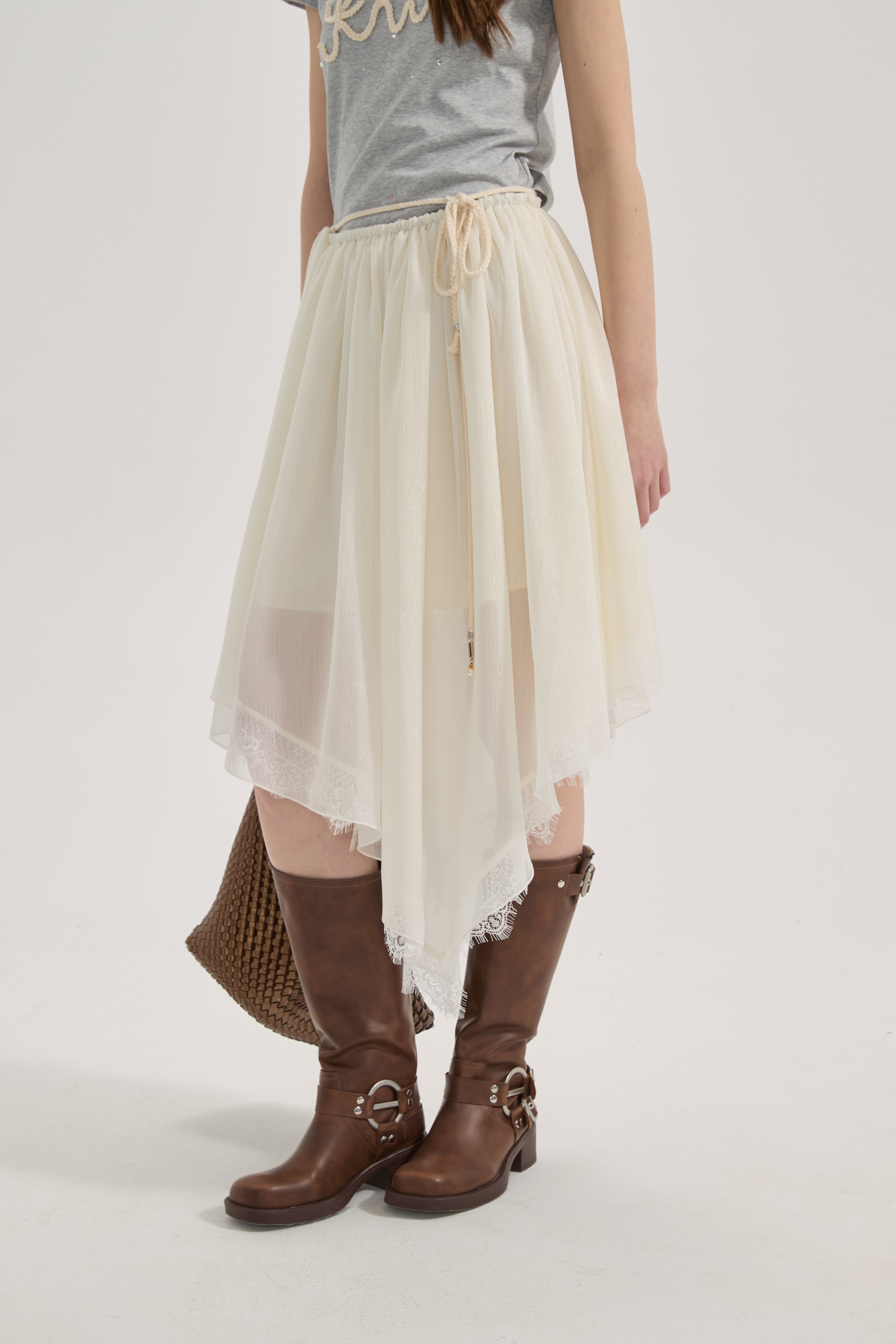 White Lace-up Beaded Mesh Long Skirt