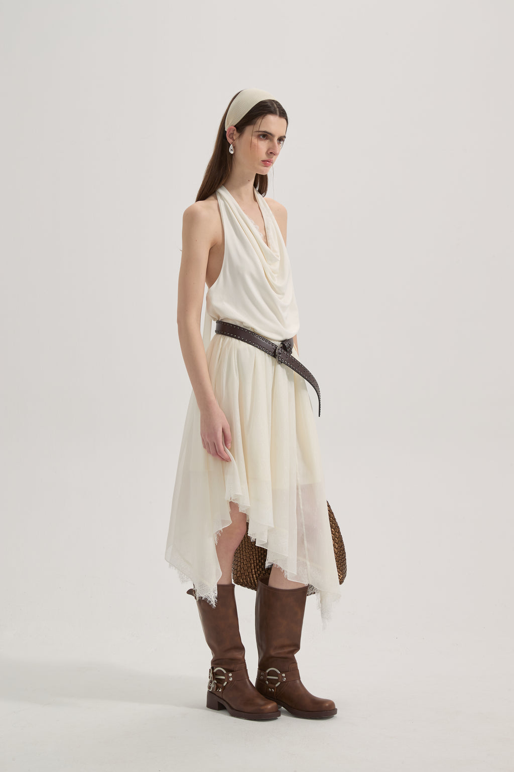 White Lace-up Beaded Mesh Long Skirt