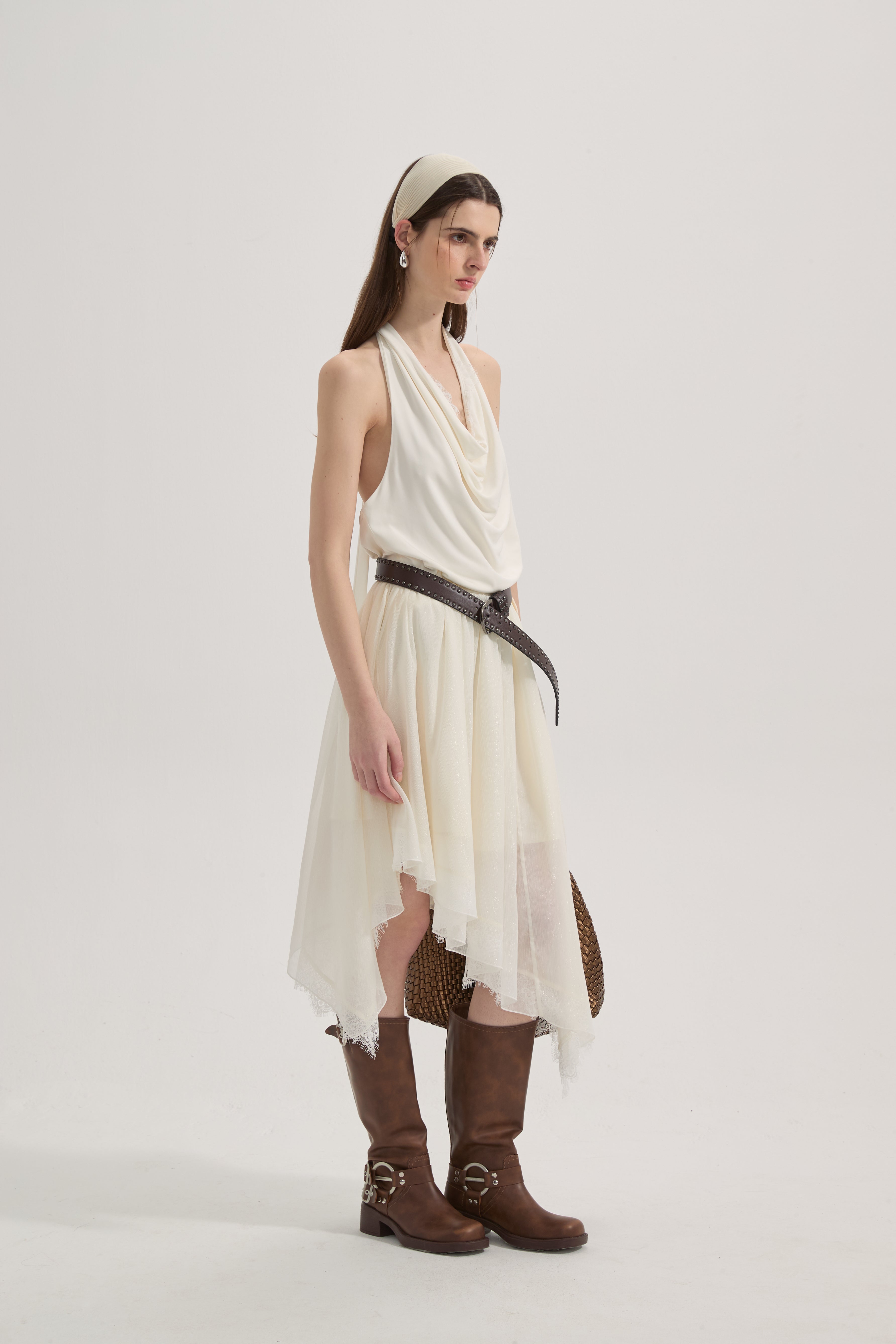 White Lace-up Beaded Mesh Long Skirt