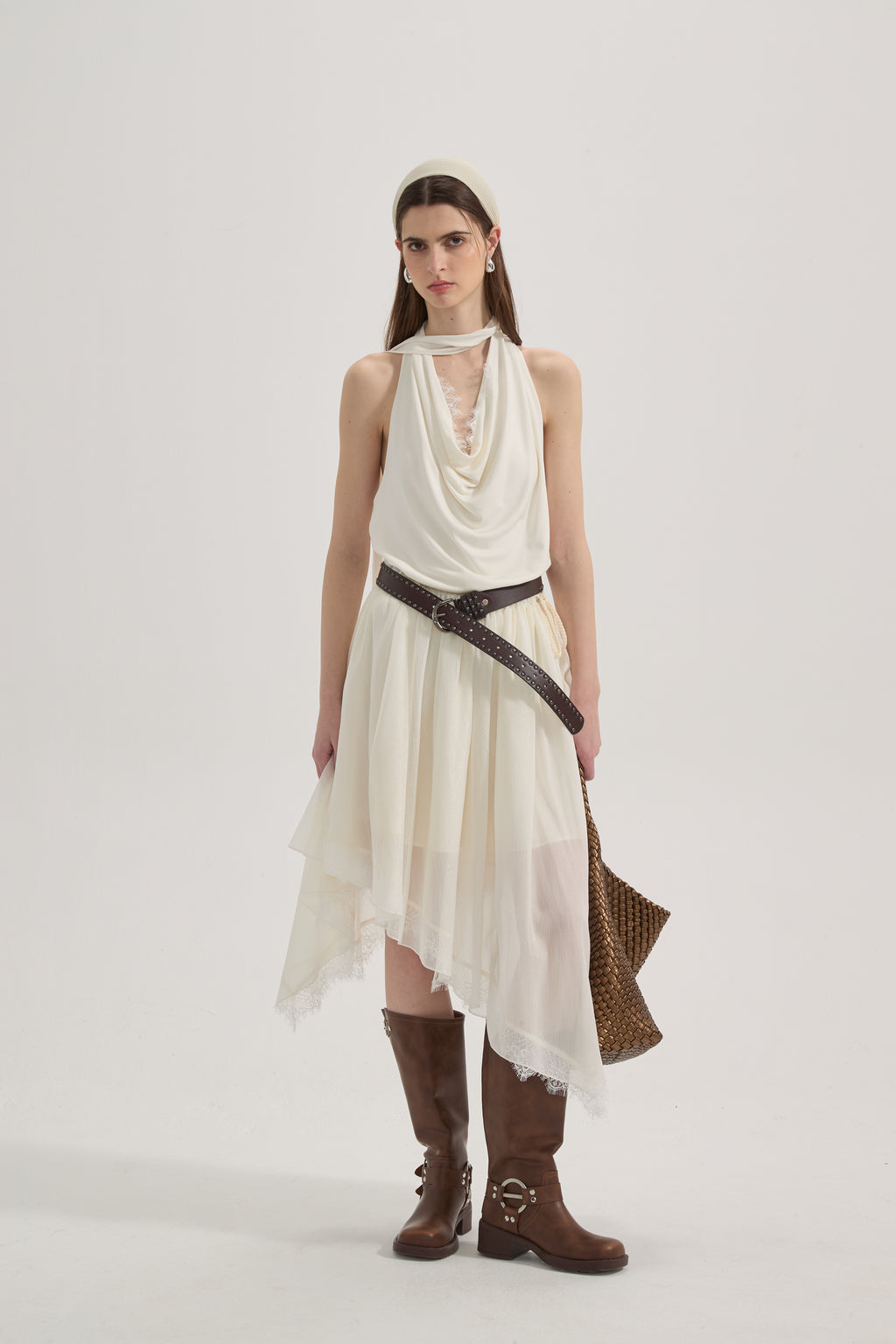 White Lace-up Beaded Mesh Long Skirt