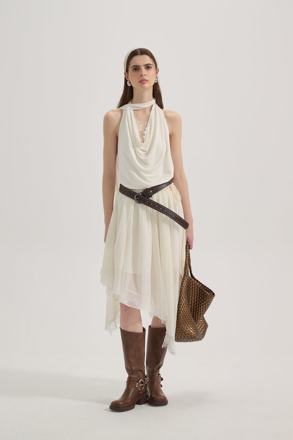 White Lace-up Beaded Mesh Long Skirt