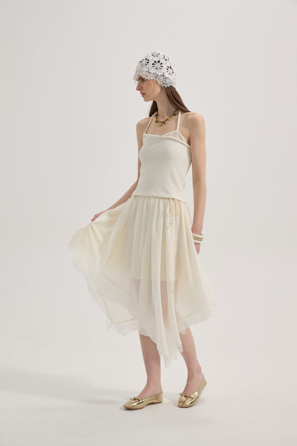 White Lace-up Beaded Mesh Long Skirt