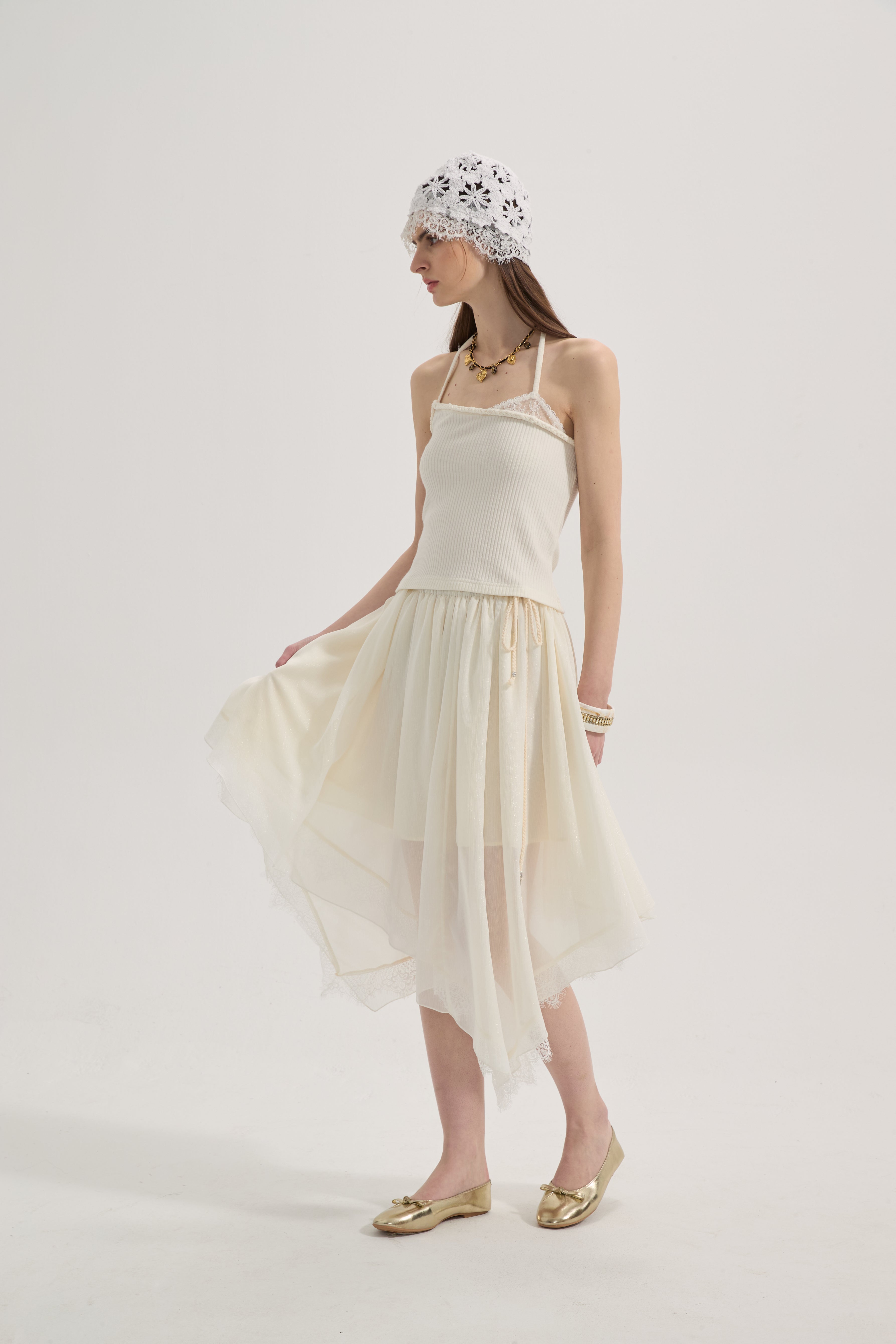 White Lace-up Beaded Mesh Long Skirt