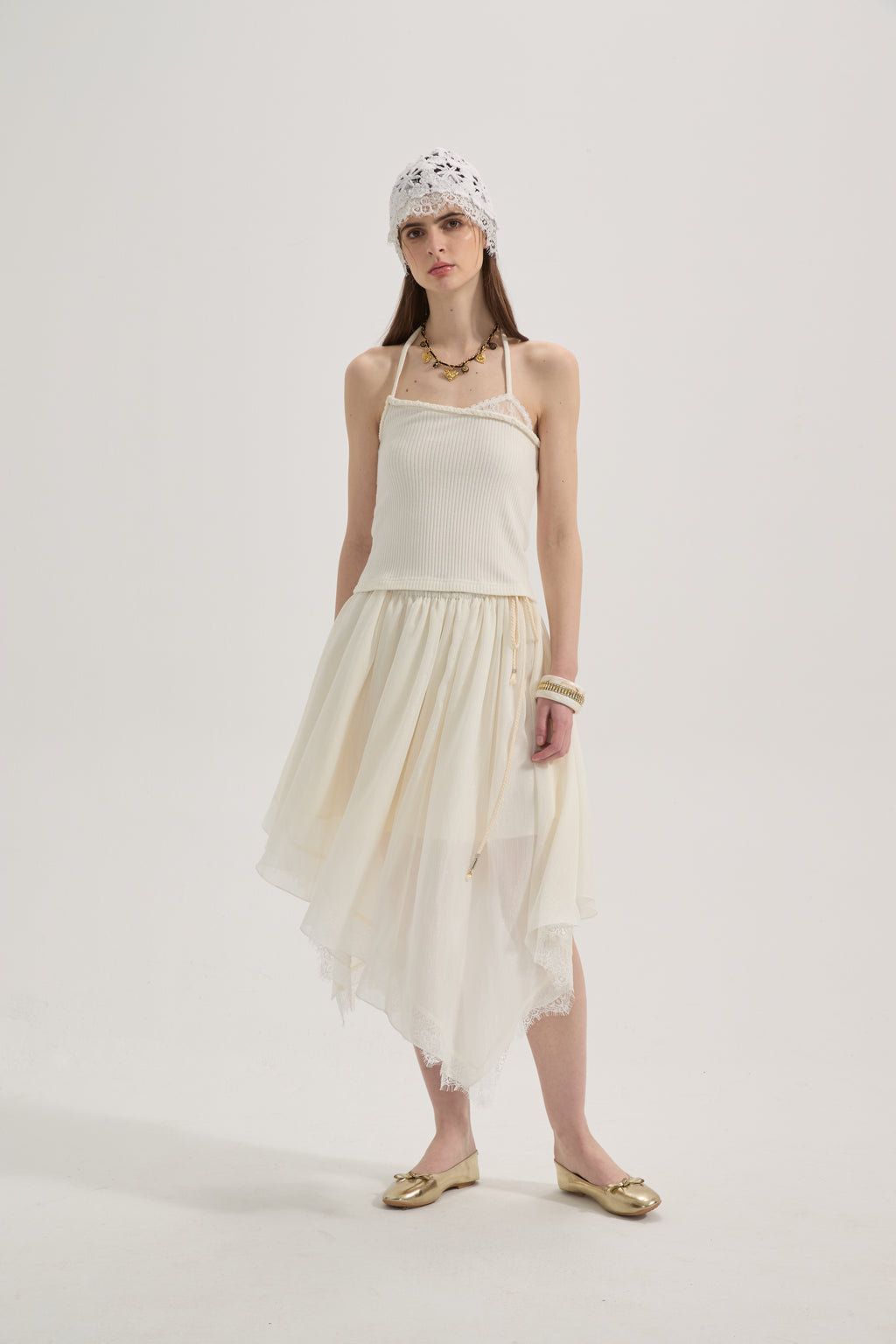 White Lace-up Beaded Mesh Long Skirt