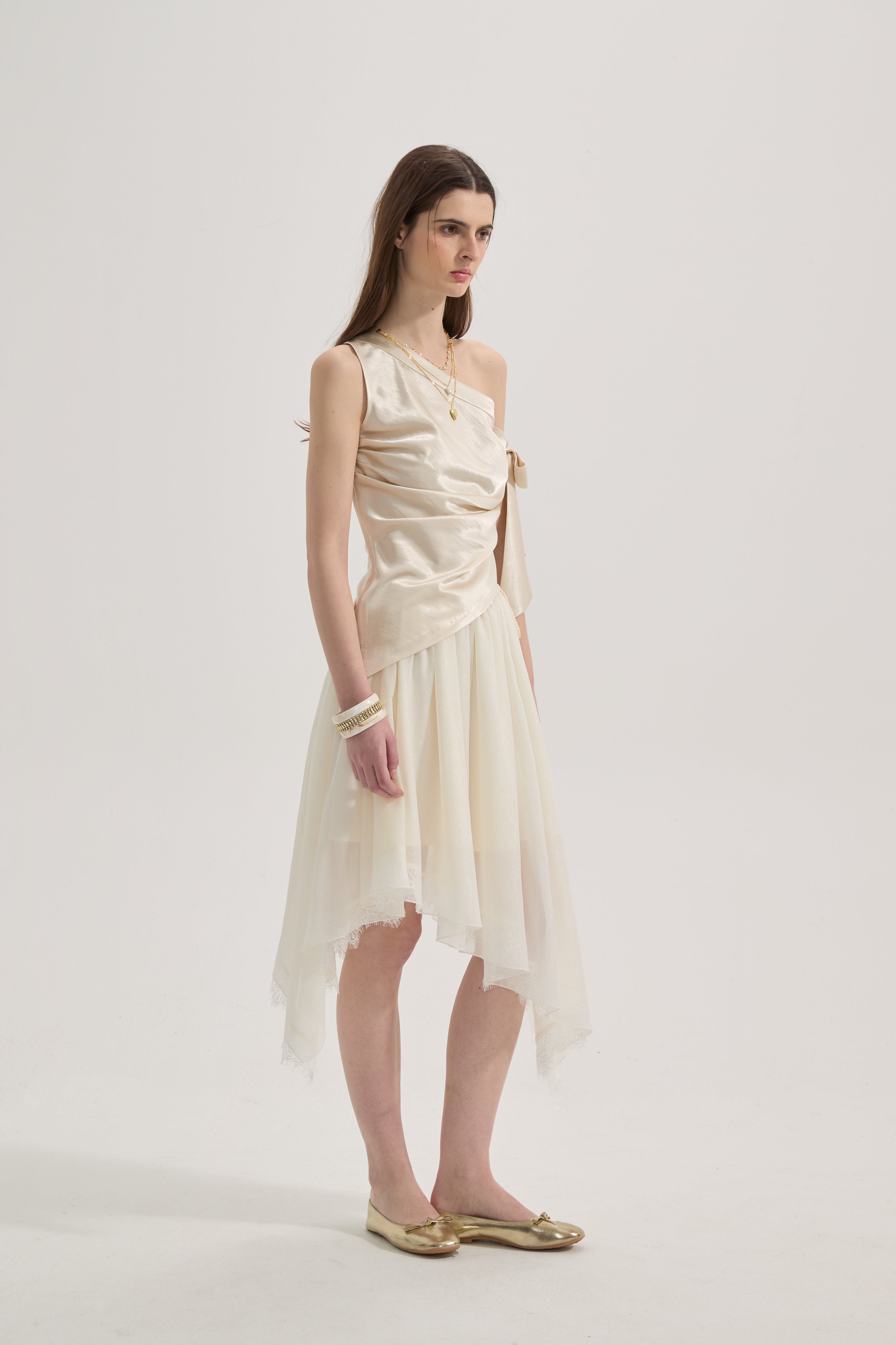 White Lace-up Beaded Mesh Long Skirt