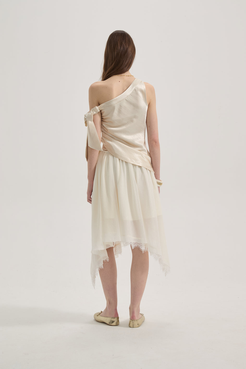White Lace-up Beaded Mesh Long Skirt