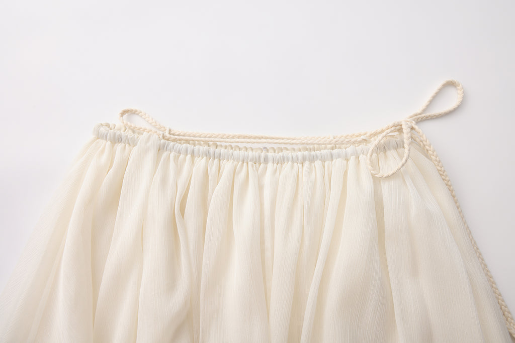 White Lace-up Beaded Mesh Long Skirt