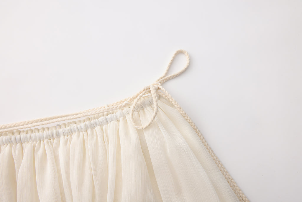 White Lace-up Beaded Mesh Long Skirt
