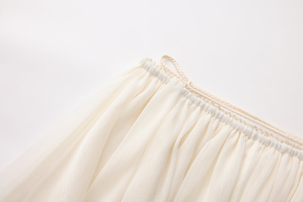 White Lace-up Beaded Mesh Long Skirt