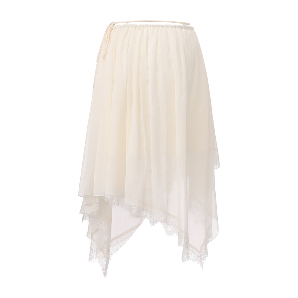 White Lace-up Beaded Mesh Long Skirt