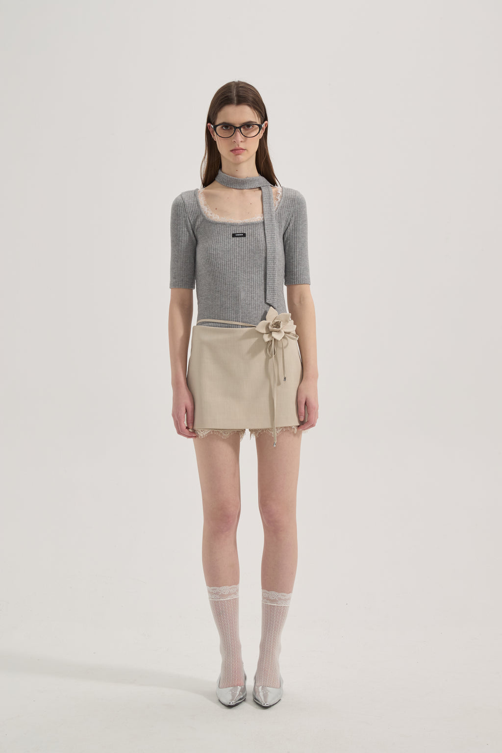 Grey Square-Neck Trimmed Top