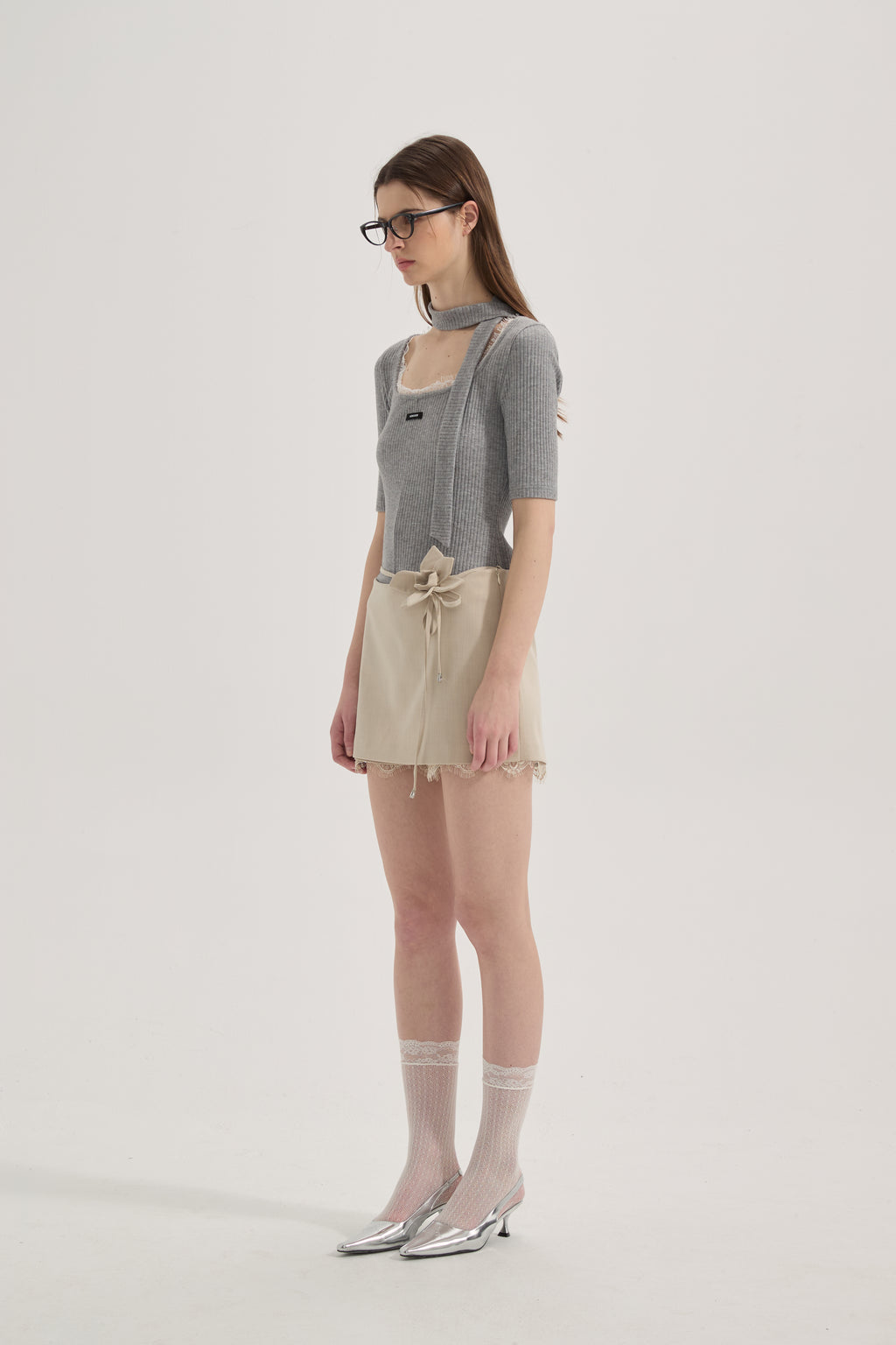 Grey Square-Neck Trimmed Top