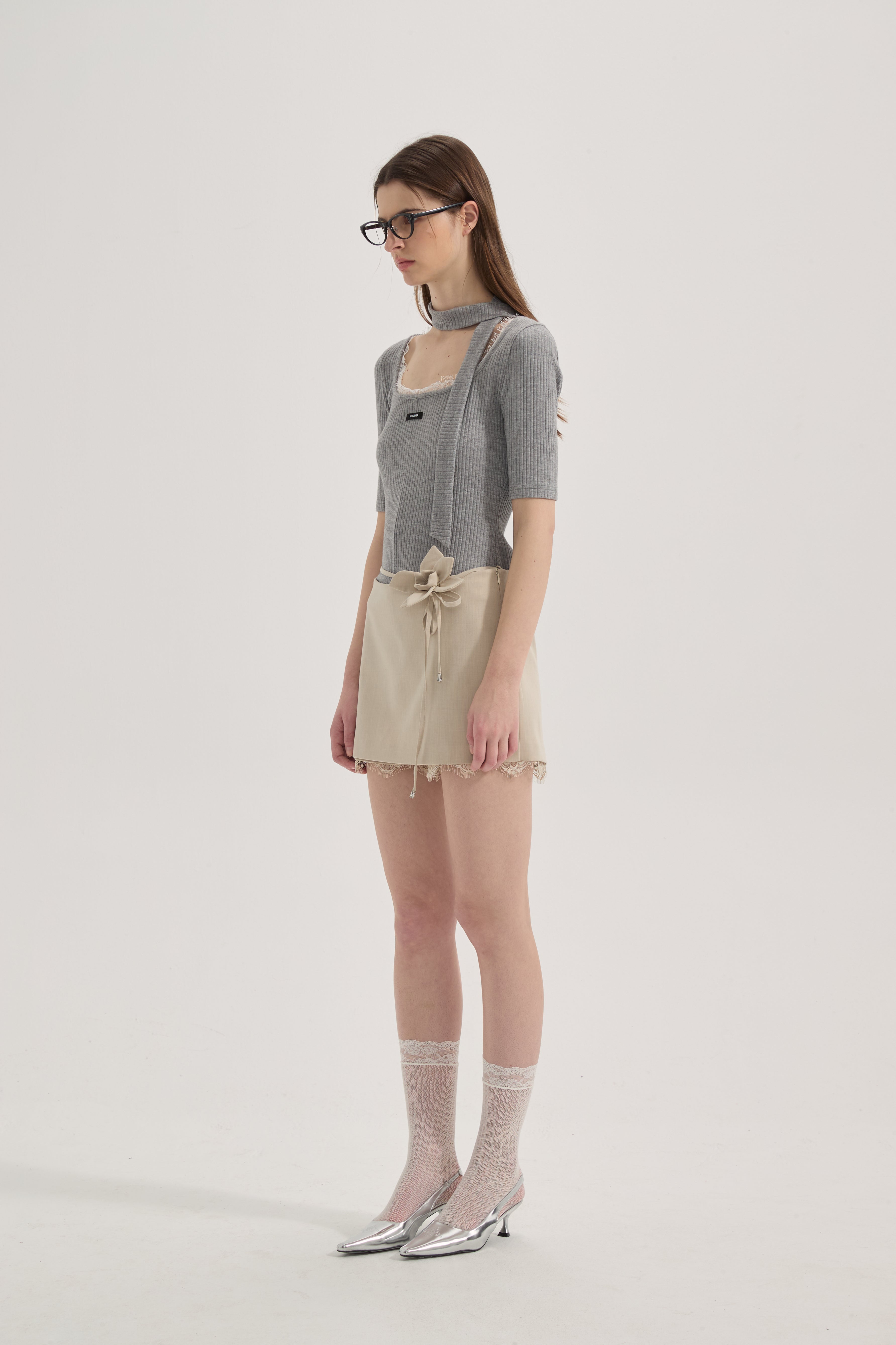 Grey Square-Neck Trimmed Top