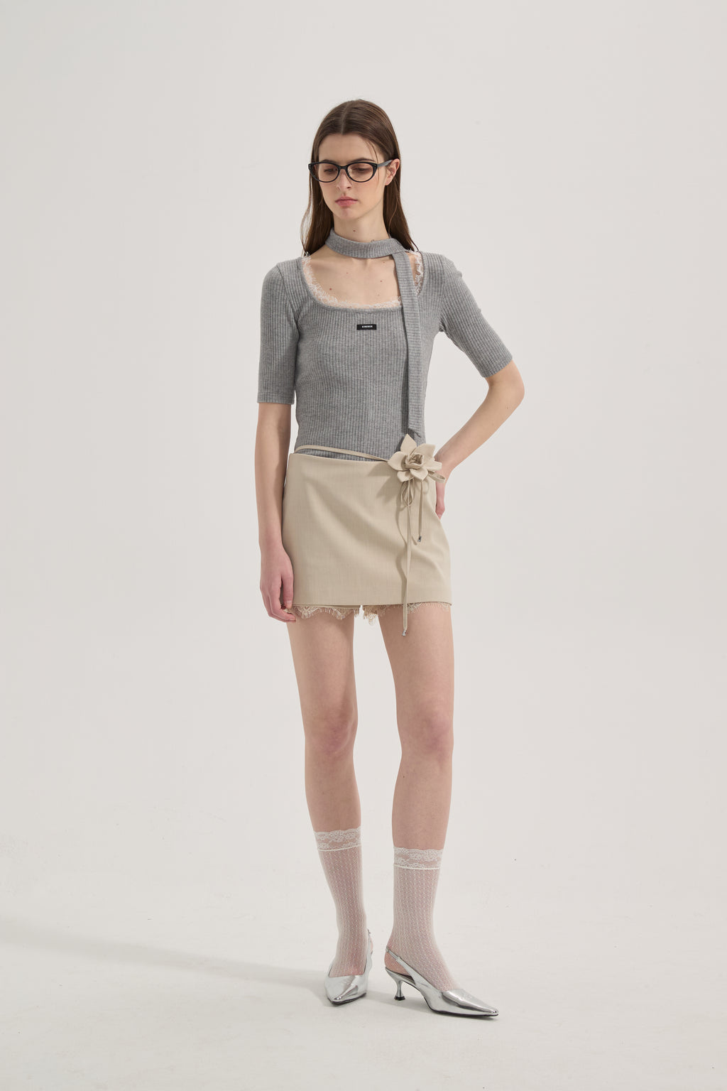 Grey Square-Neck Trimmed Top