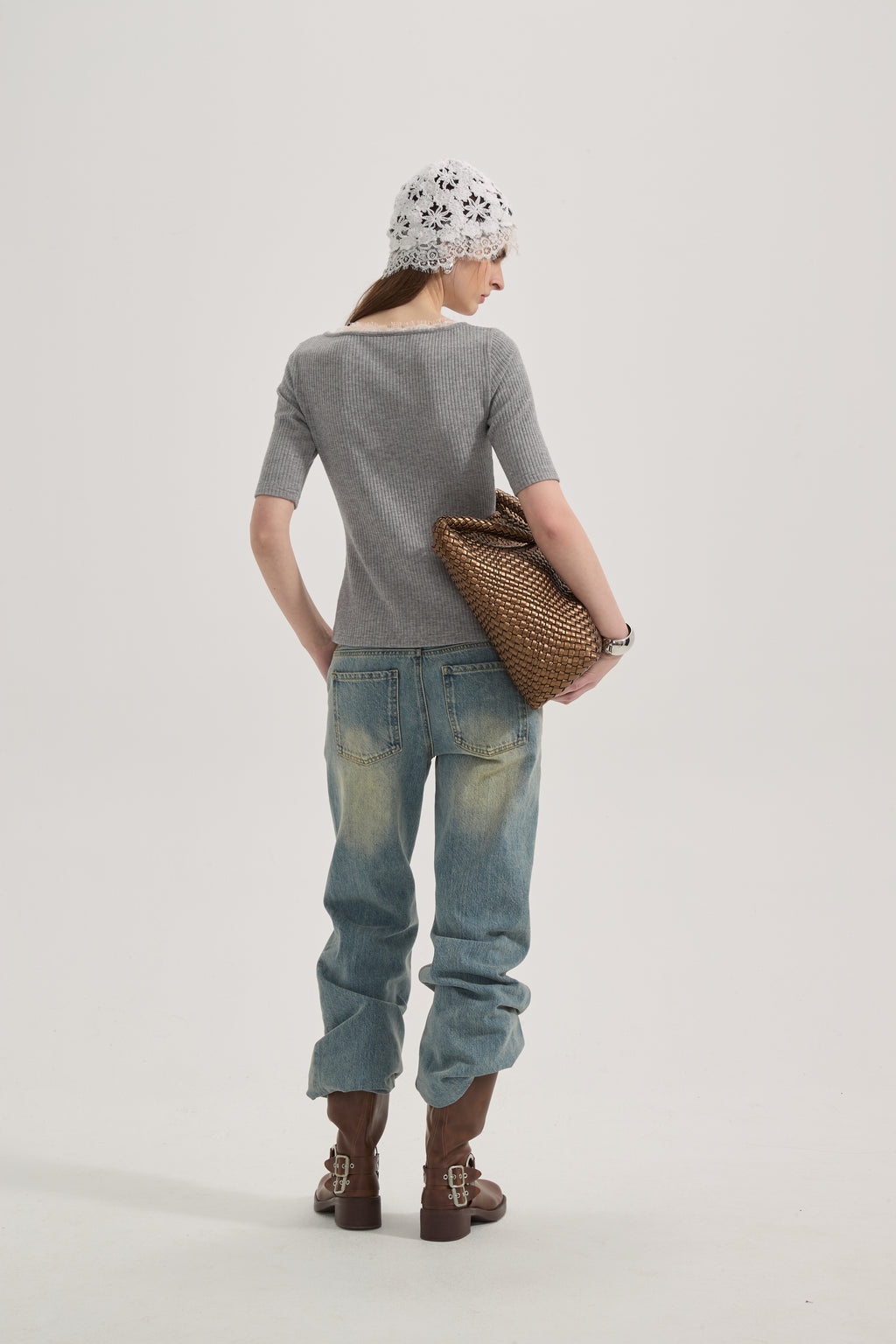 Grey Square-Neck Trimmed Top