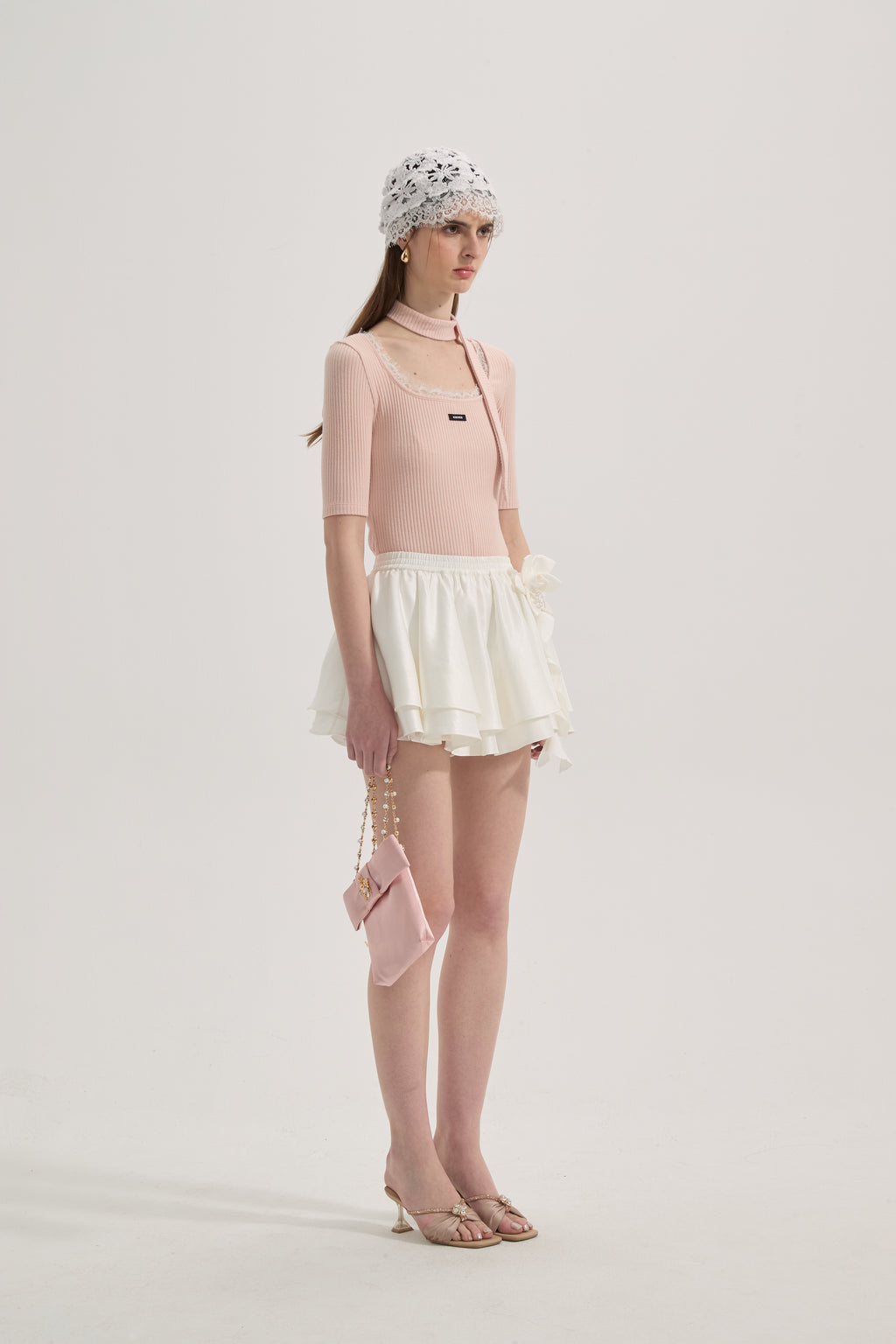 Pink Square-neck Trimmed Top