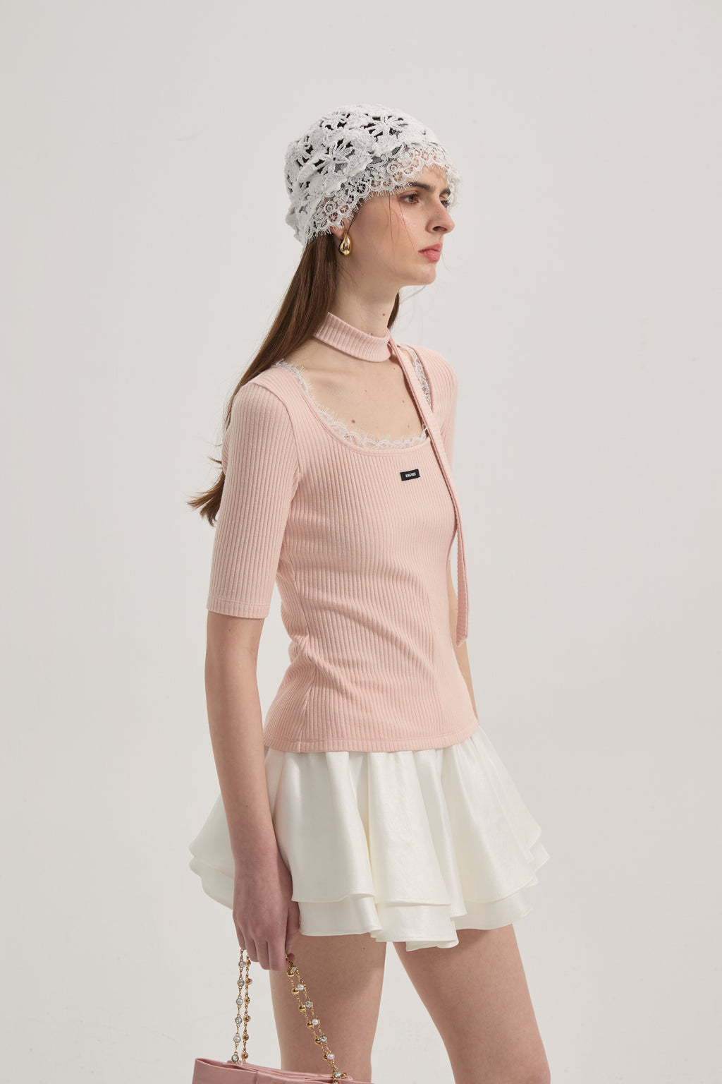 Pink Square-neck Trimmed Top