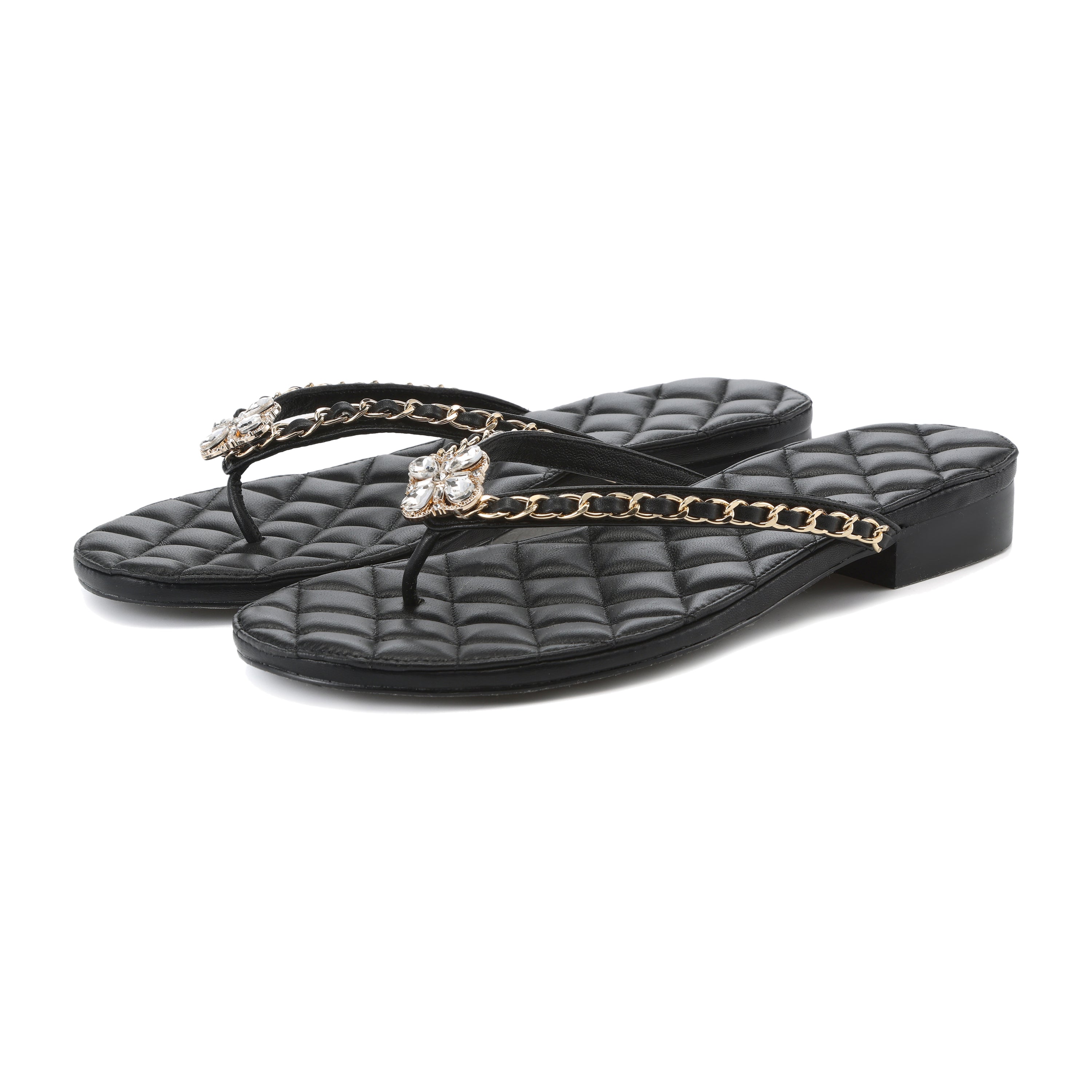 Black Diamond Buckle Chain Flip Flops