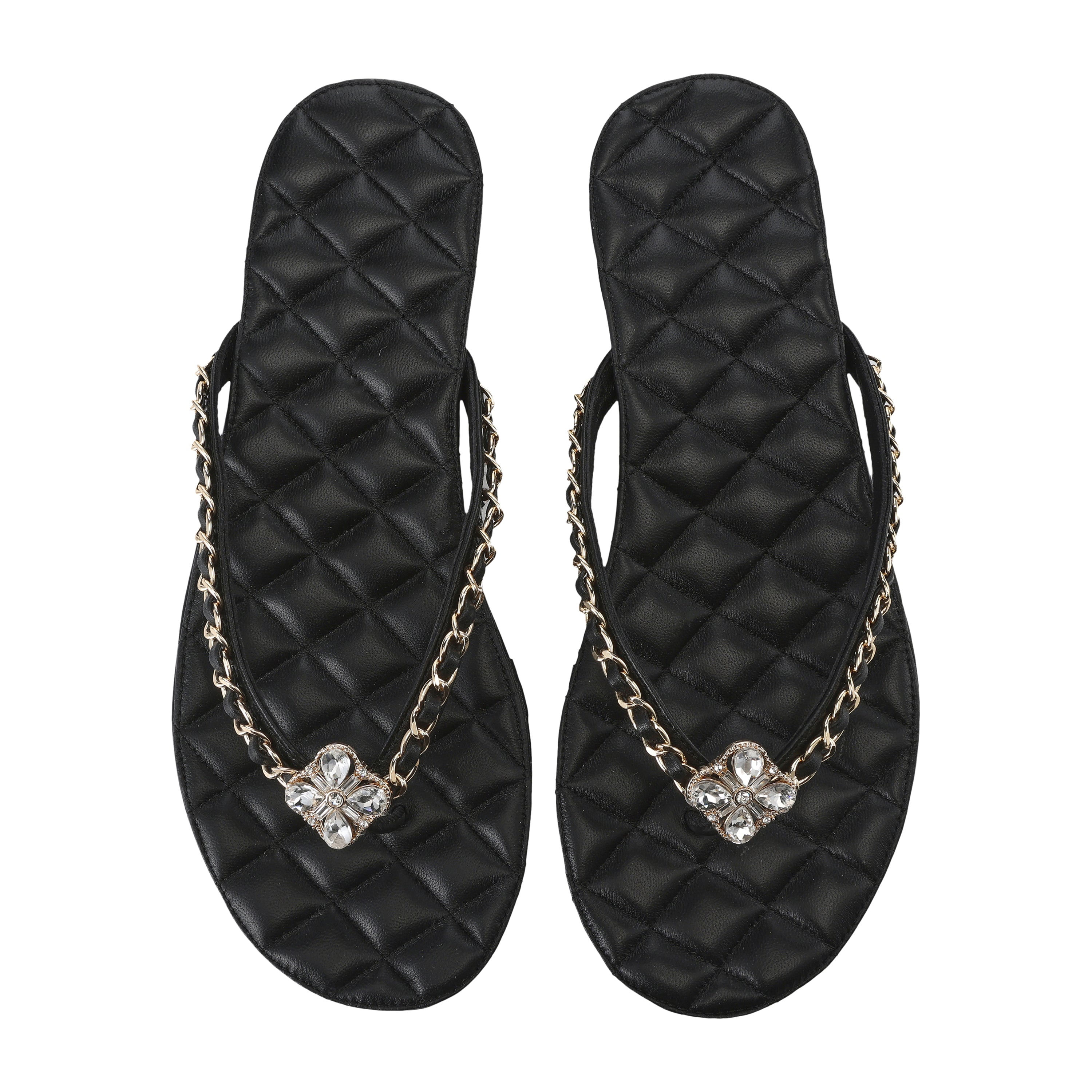 Black Diamond Buckle Chain Flip Flops