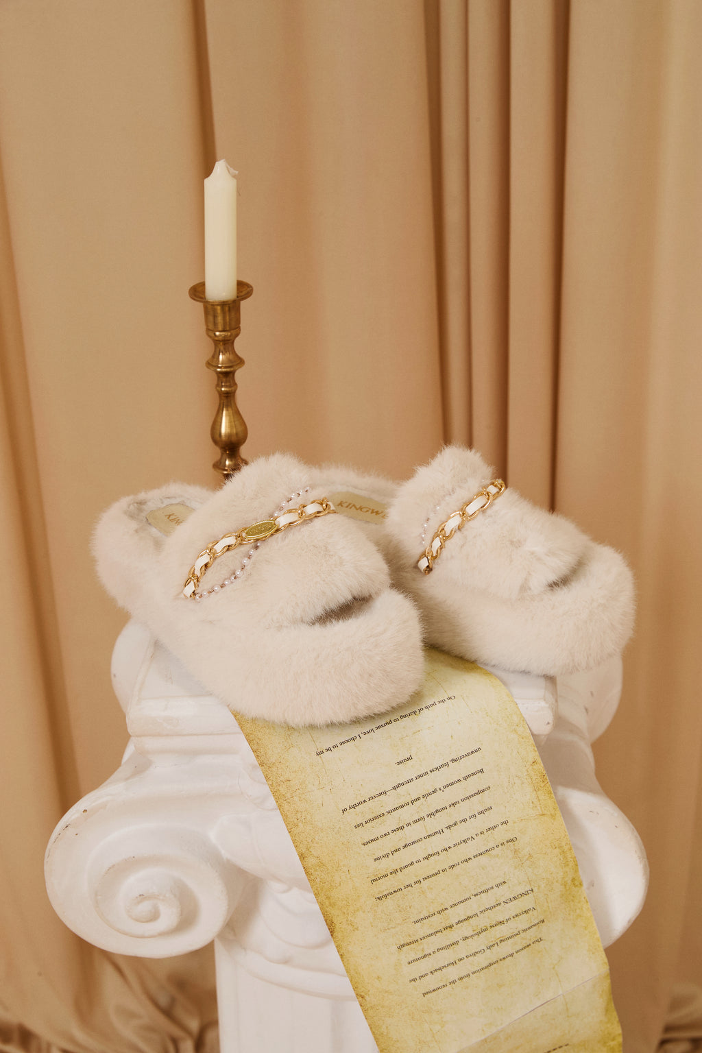 White Platform Chain Pearl Furry Slippers
