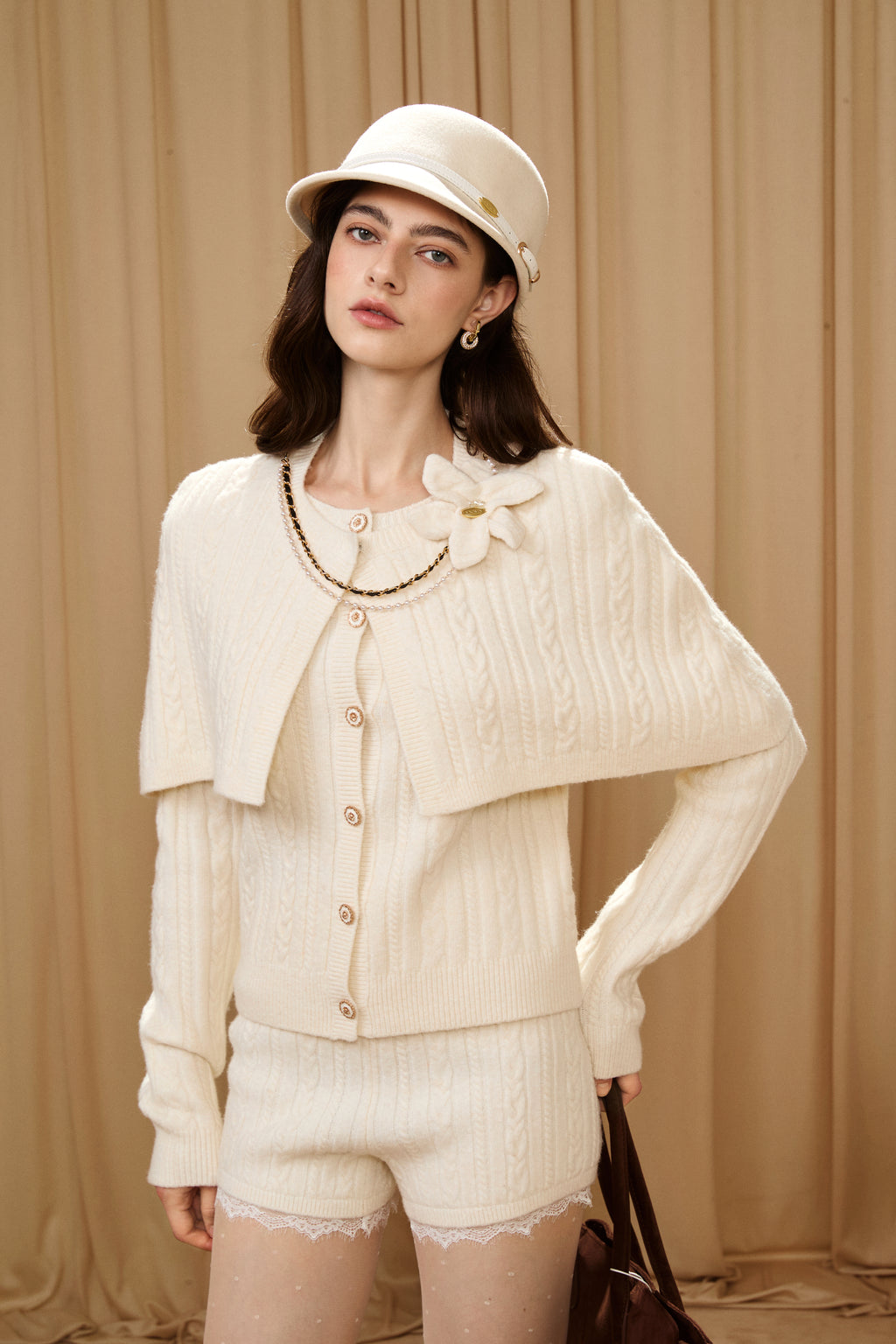 White Iris Pearl Knit Cape Cardigan / Pants