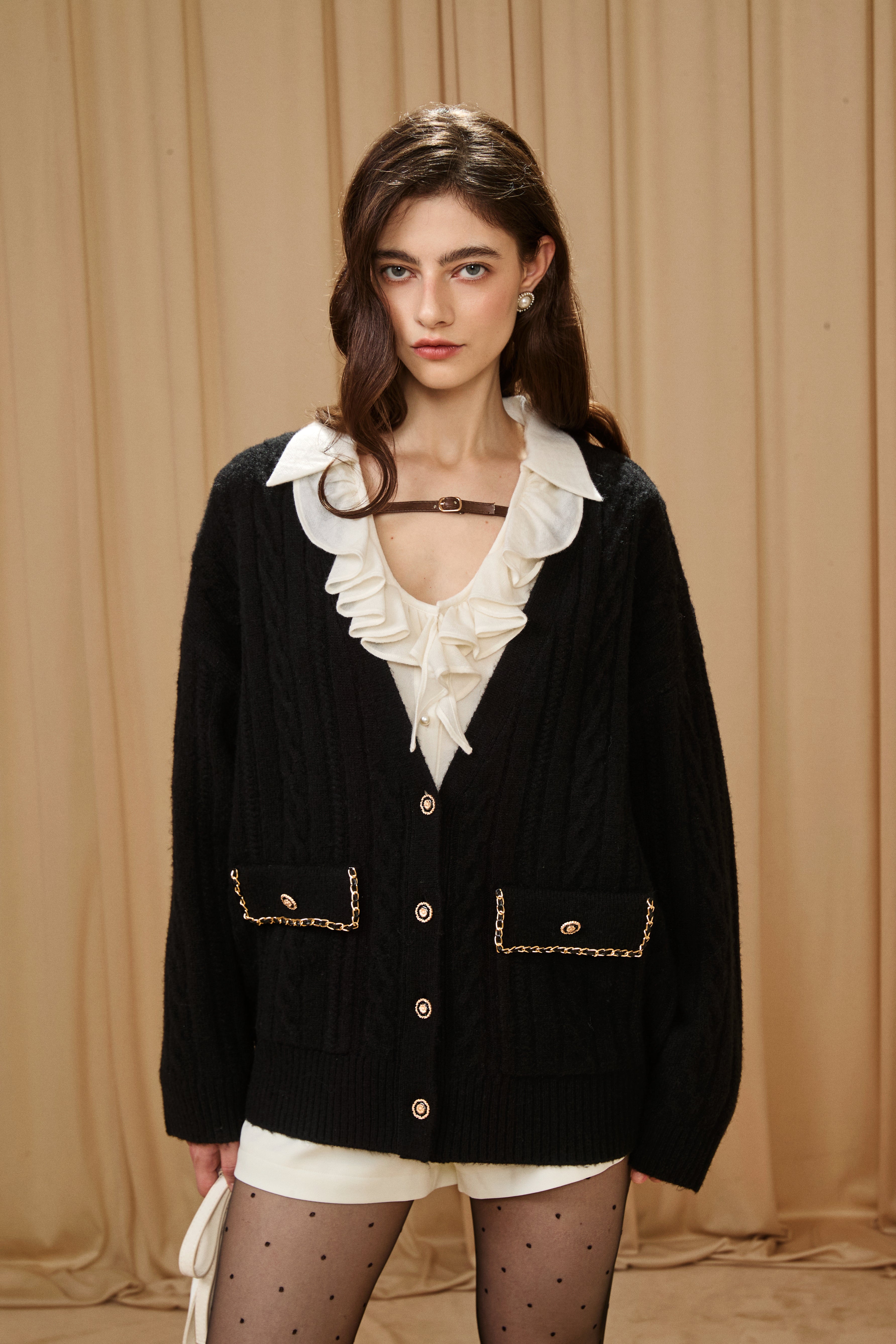 Black Oversized Knit Chain Detail Gold Button Cardigan Coat