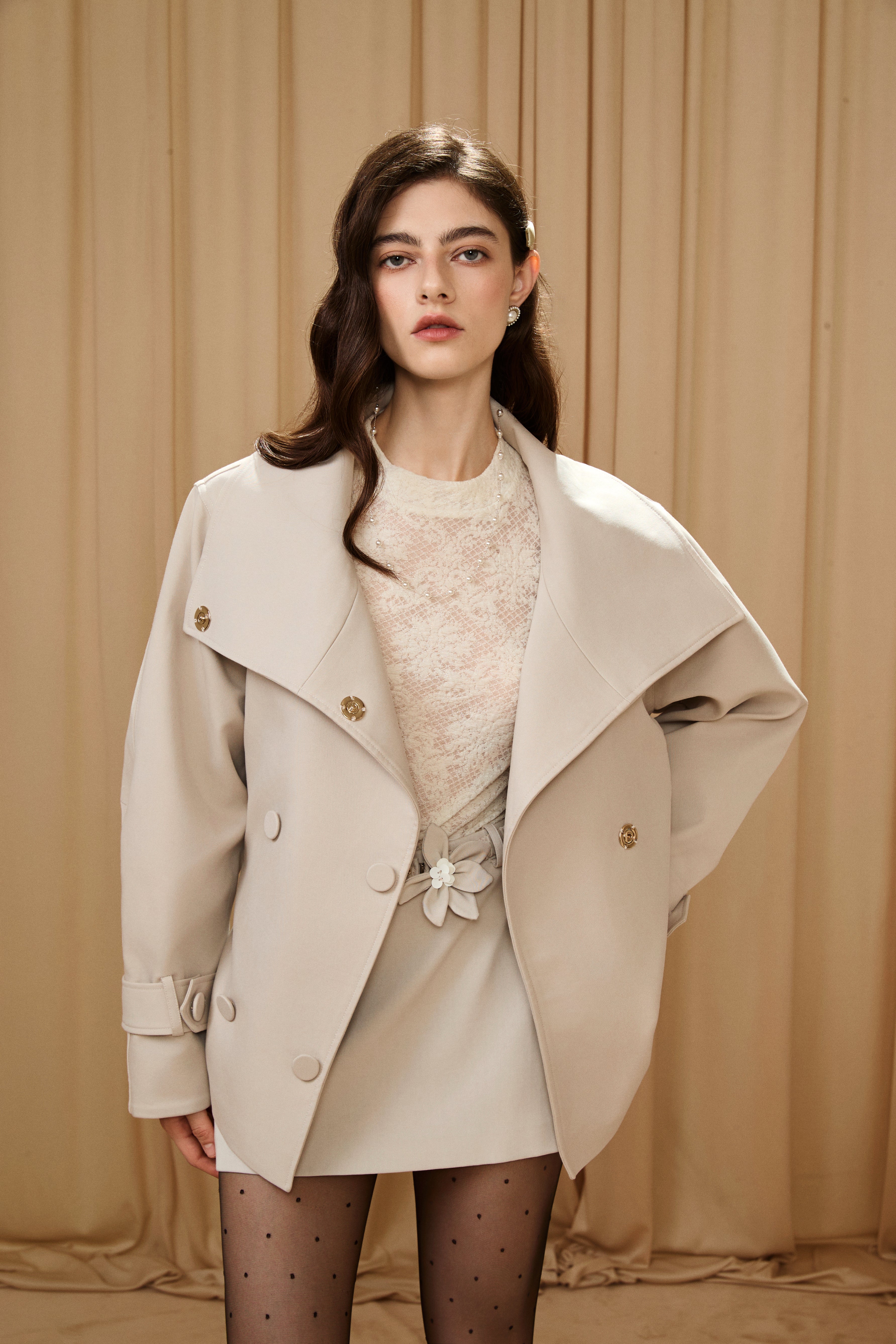 Light Grey Stand Collar Double-Breasted Chain Trench Coat