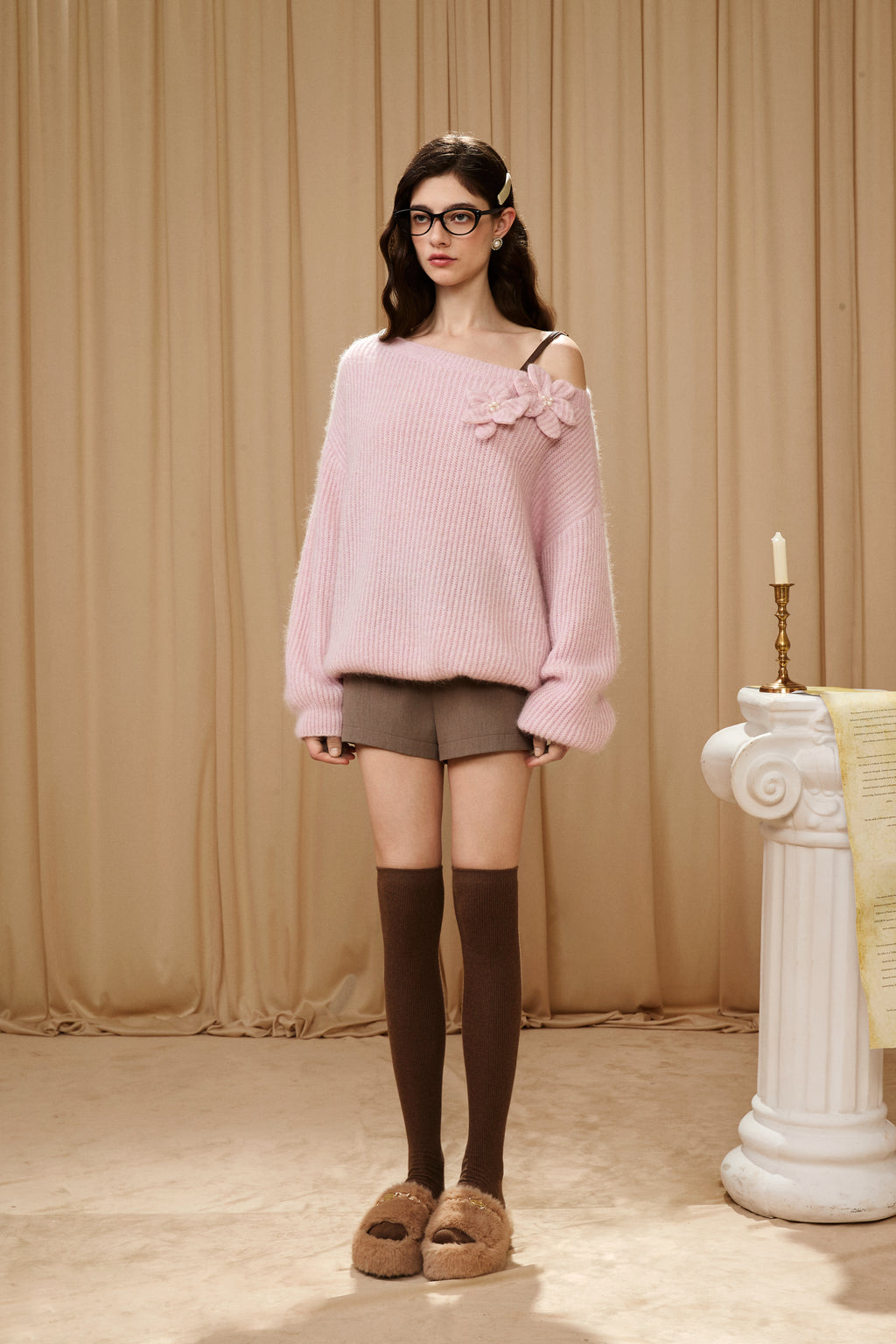 Pink Off-Shoulder Leather Buckle Iris Pattern Sweater
