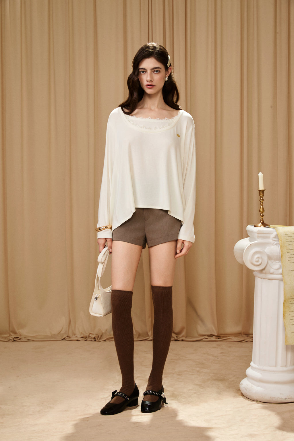 White Lace Panel Oversized Mock Two-Piece Base Top
