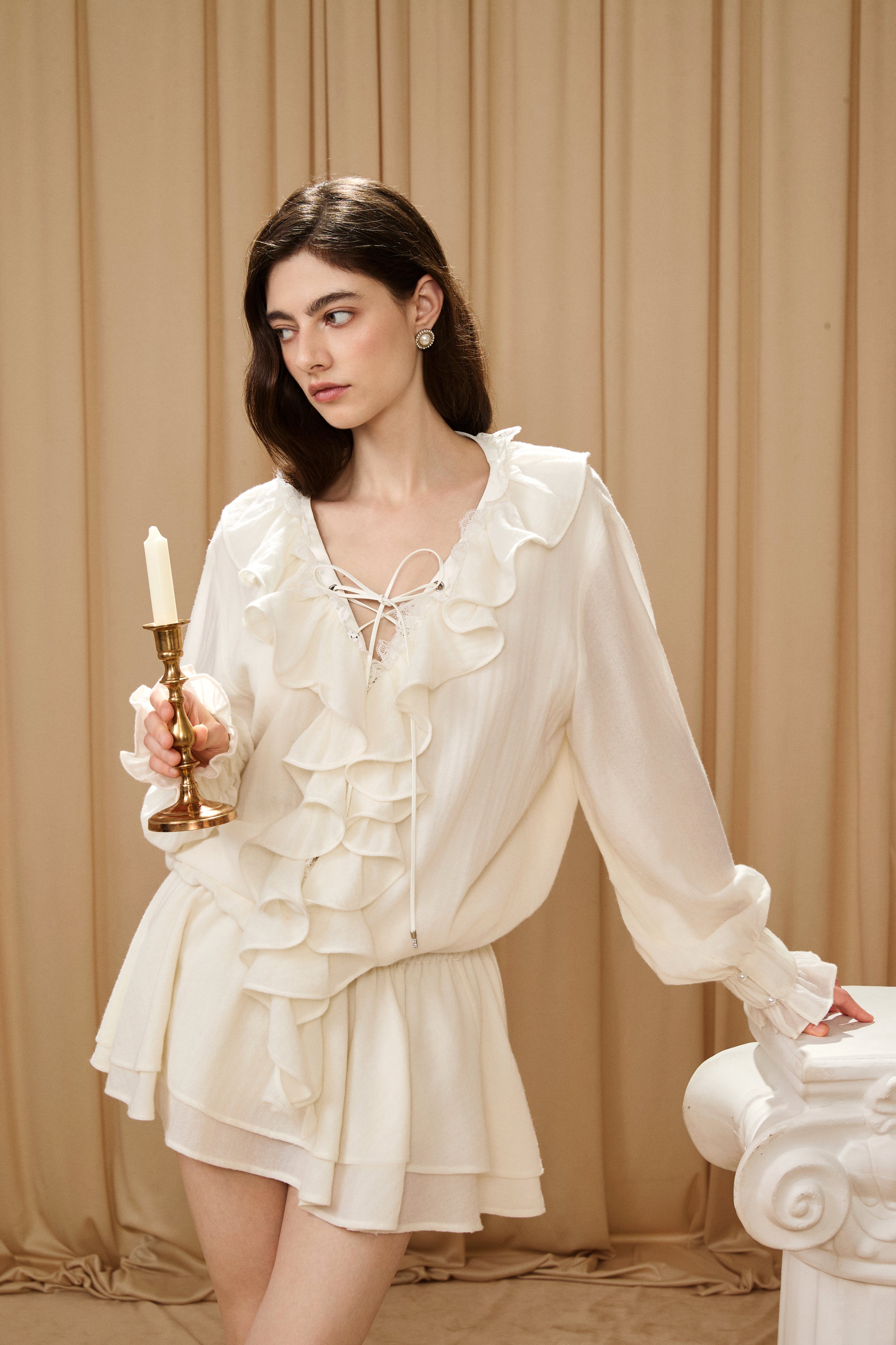 White V-Neck Lace Ruffle Panel Tie Dress